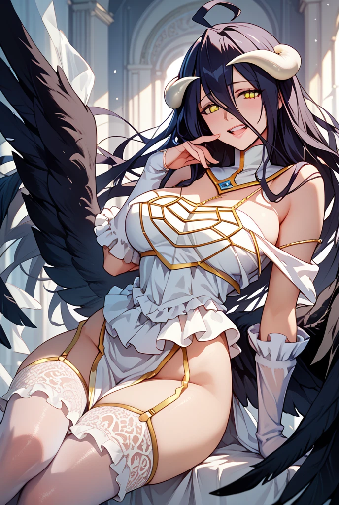 (best quality), (high quality), (detailed), (absurdres), (masterpiece), good artist, 1girl, albedo \(overlord\), white dress, hair between eyes, white horns, black wings, low wings, large breasts, looking at viewer, ahegao, <lora:albedoOverlordLora_v1:0.8>
