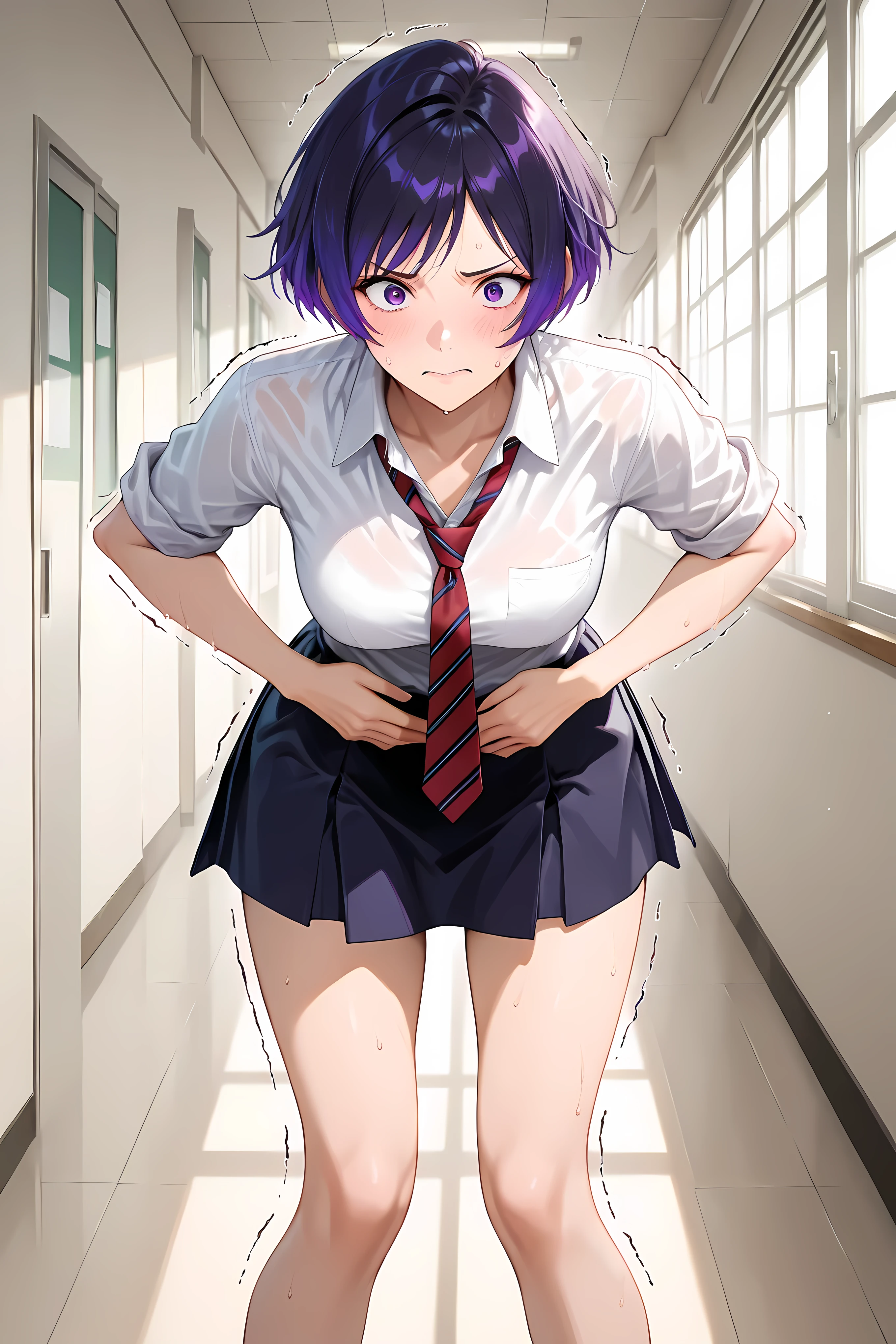 reina mishima, solo, short hair, shirt, purple hair, purple eyes, school uniform, white shirt, collared shirt, navy skirt, short skirt, short sleeves, sleeves rolled up, red necktie, striped necktie, untucked shirt, general, masterpiece, highres, ultra-detailed, hyper-detailed, best quality, amazing quality, very aesthetic, best hands, best eyes, best hand, Japanese school hallway
adult woman, 1woman, hand on own stomach, sweat, leaning forward, nervous, scared, trembling legs,