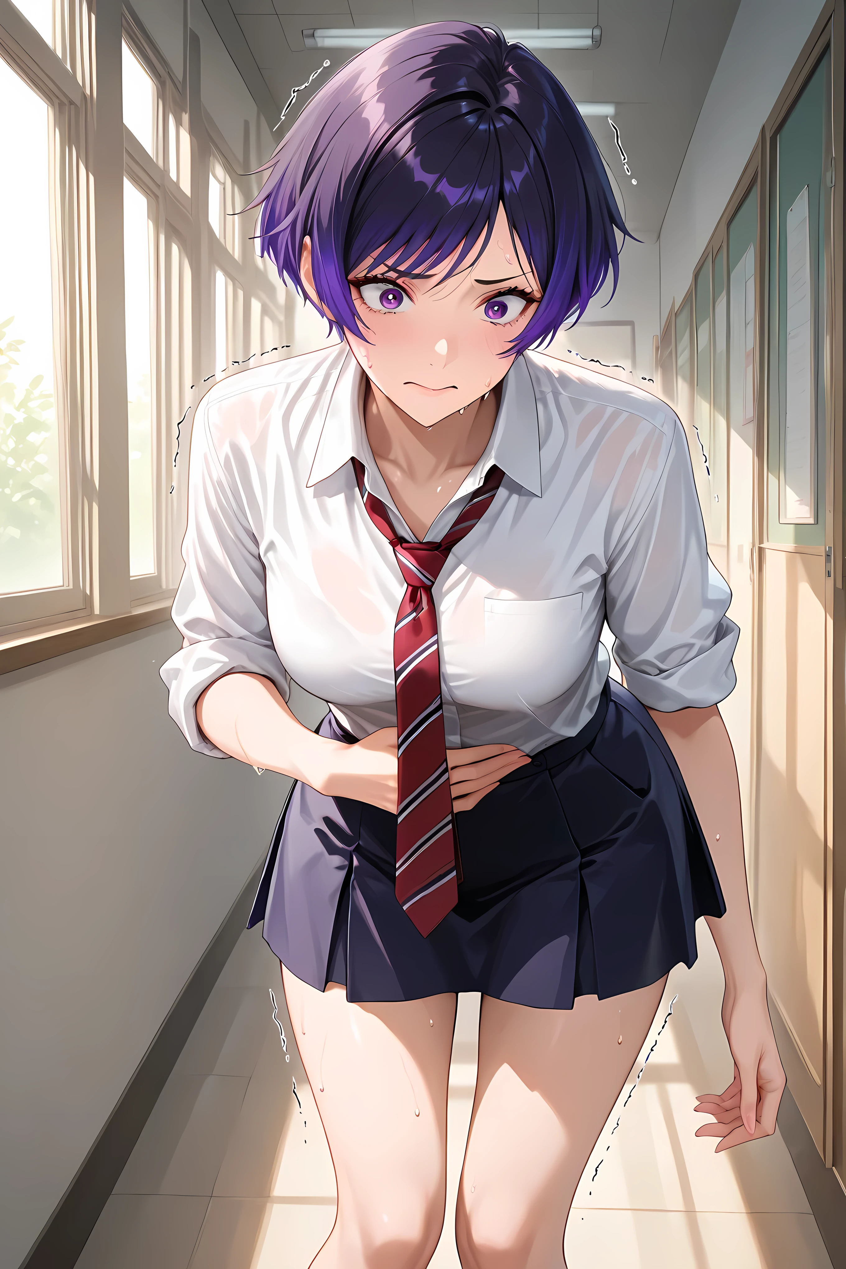 reina mishima, solo, short hair, shirt, purple hair, purple eyes, school uniform, white shirt, collared shirt, navy skirt, short skirt, short sleeves, sleeves rolled up, red necktie, striped necktie, untucked shirt, general, masterpiece, highres, ultra-detailed, hyper-detailed, best quality, amazing quality, very aesthetic, best hands, best eyes, best hand, Japanese school hallway
adult woman, 1woman, hand on own stomach, sweat, leaning forward, nervous, scared, trembling legs,