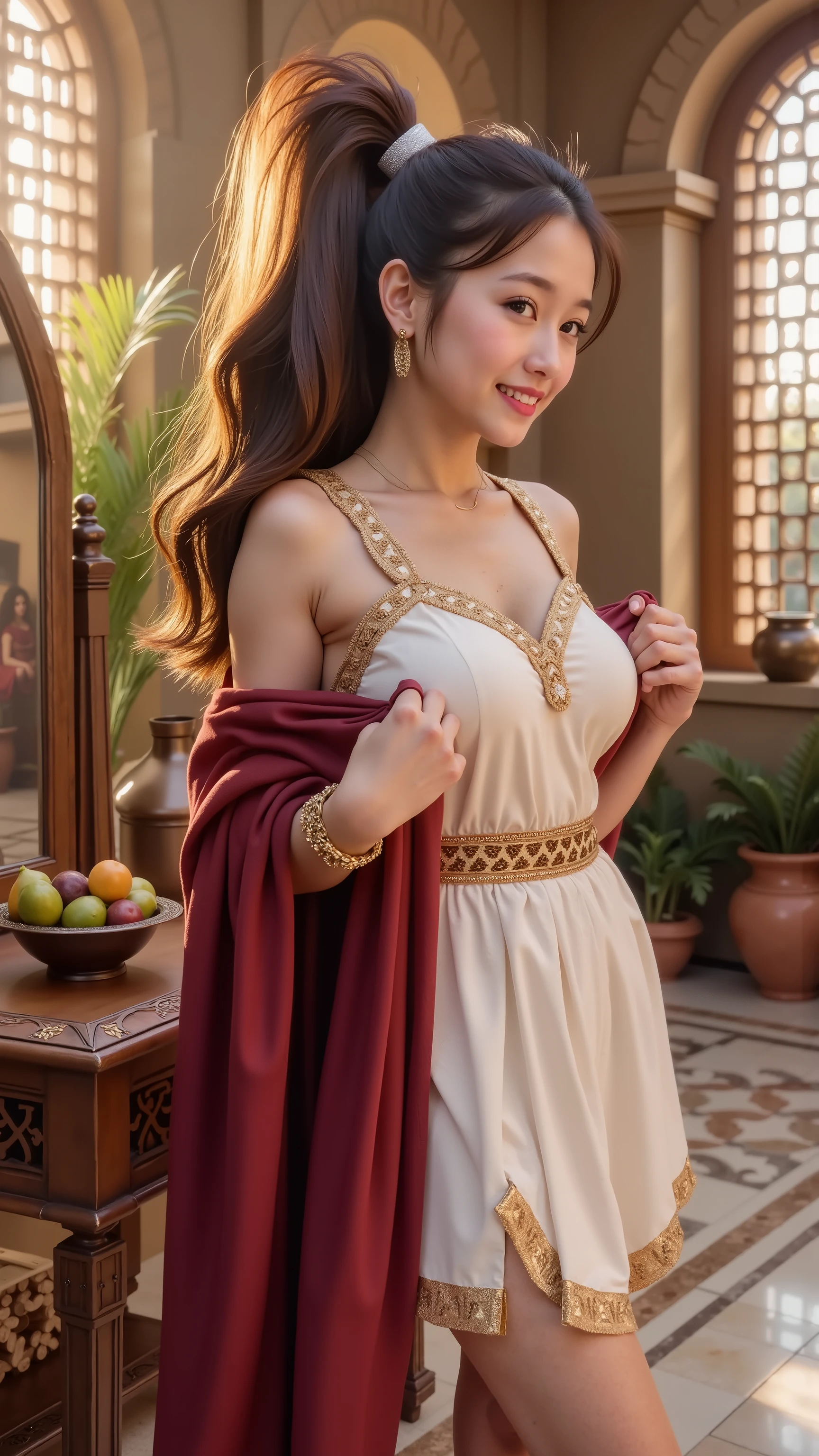Photorealistic film grain cinematic style, interior of a Roman villa lit by soft golden sunlight through lattice windows, marble mosaic floor, terracotta jars, bronze oil lamps flickering. Cutiebaby, diamond-shaped face, fair smooth skin, medium ponytail with natural wavy brown hair, wearing an elegant Roman stola made of ivory-white linen with golden embroidery along the edges, cinched at the waist with a braided crimson silk belt, draped palla (shawl) of deep wine-red fabric flowing gracefully over her shoulder. She adjusts her dress in front of a polished bronze mirror, delicate gold earrings, thin gold armlet, and leather sandals with intricate straps up her calves. Expression: serene yet excited, cheeks with soft natural blush. Background details: carved wooden table with a small bowl of figs and olives, scrolls stacked neatly, wall fresco of Roman gods behind her. Atmosphere: intimate, preparing for a romantic day, a sense of anticipation in the air. Dialogue overlay at the end: Cutiebaby whispers to herself, “Tonight, I’ll shine like a goddess of Rome.”
