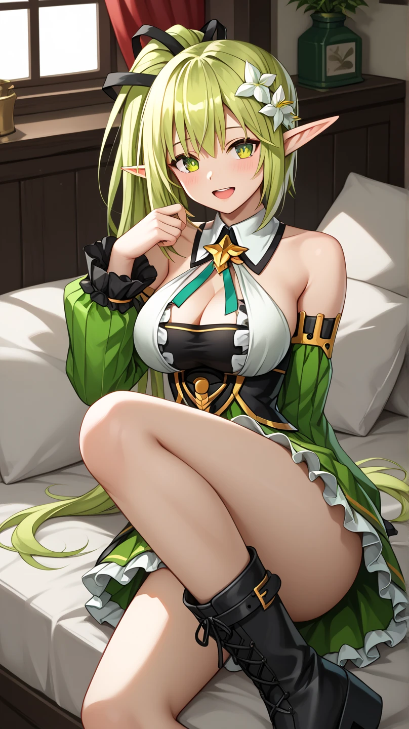 ((masterpiece, best quality)),very detailed, simple eyes,1girl,<lora:ai:1>,lying on bed, breasts, cleavage, earrings, dress,jewelry, large_breasts, green_hair, chrono navi, ai hyperion lambda, long_hair, looking_at_viewer, smile,twintails, very_long_hair, boots,fingerless_gloves, thighhighs,skirt,white_legwear,hair_between_eyes,