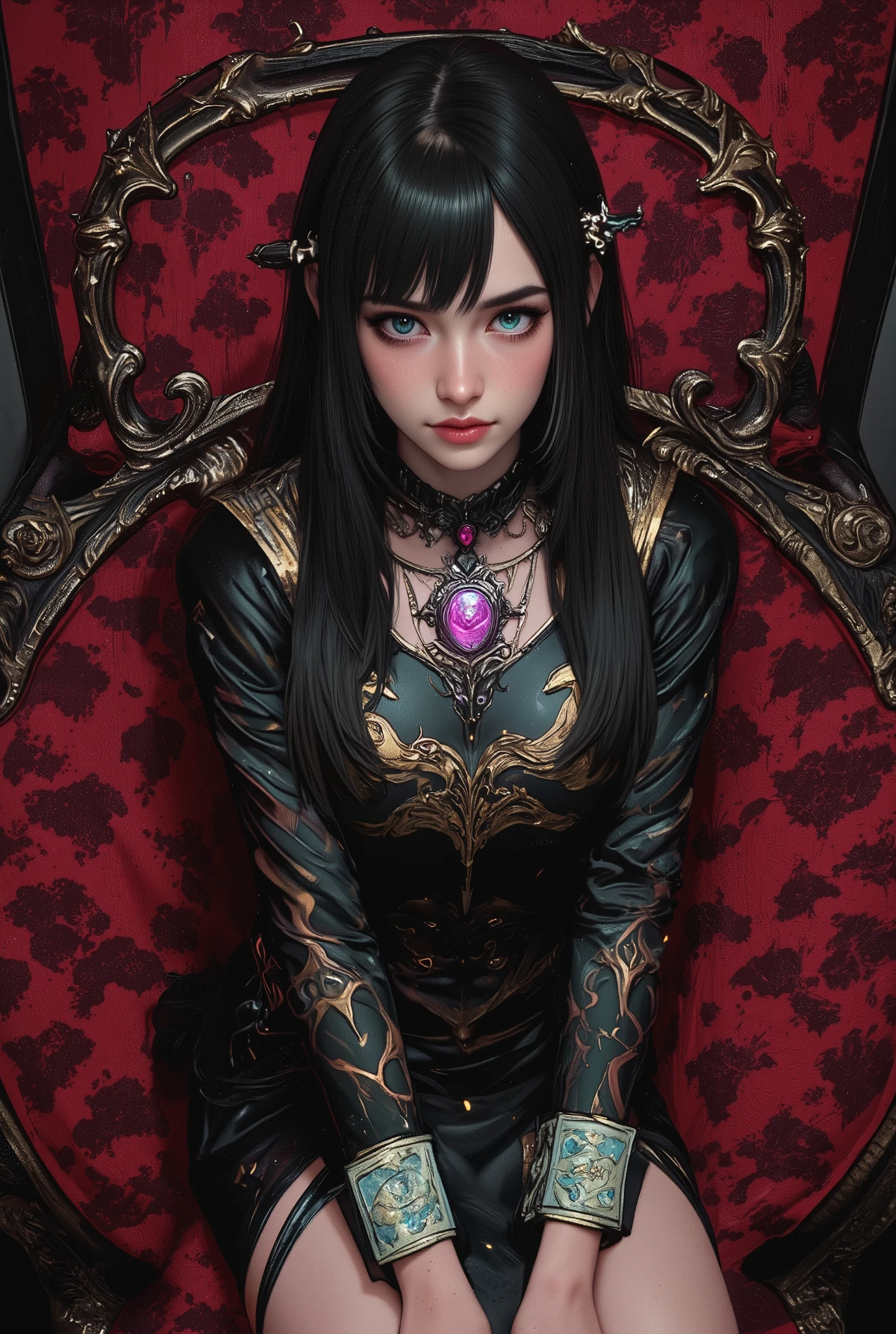 (best quality, 4k, highres, masterpiece:1.2) , ultra-detailed, (realistic, photorealistic:1.37), beautiful English demonic woman's professional photo pub, (super detailed iridescent cian eyes:1.8), Velvia, Taken at 65mm, 16 megapixel, 8k, photorealistic, Amazing depth, bangs, hime cut, shining rich colors , emphasize the strength of the pattern, psychedelic hues, 3D final rendering, Surreal, 3d shading, Cinematic Lights, art station concept art, aidmaRealisticPeoplePhotograph,