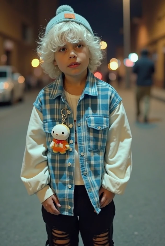 white, totally white, pastel colors, hachures, chibi style, 1 cute little baby boy with techwear clothes, street bic behind, cyberpunk and beautiful smile 