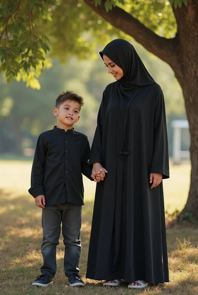 (Masterpiece, Top Quality, Best Quality, Watercolor (Medium), Official Art, Beautiful and Aesthetic: 1.2), Islamic family photo, (3 people), 1 woman (26 years old), wearing hijab with black tunic shirt (without any print), 1 Man (30 years old) wearing jeans+black oversize regular t-shirt (without any print), 1 boy (12 years old) wearing long sleeve regular black t-shirt (without any print), background morning city landscape, sharp lighting perfect composition of light, all person facing the camera