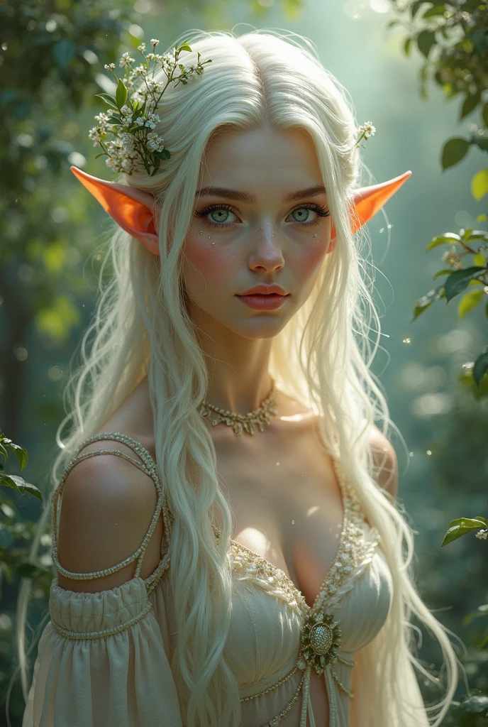 (masterpiece, high quality:1.3), cute elf girl, upper body, 20 years old, long white hair, big tits, (white eyes:1.1), plump lips, (transparent clothes:1.1), (flowers in the hair:1.1), ( night forest background:1.1), nswf, neckles, lianas