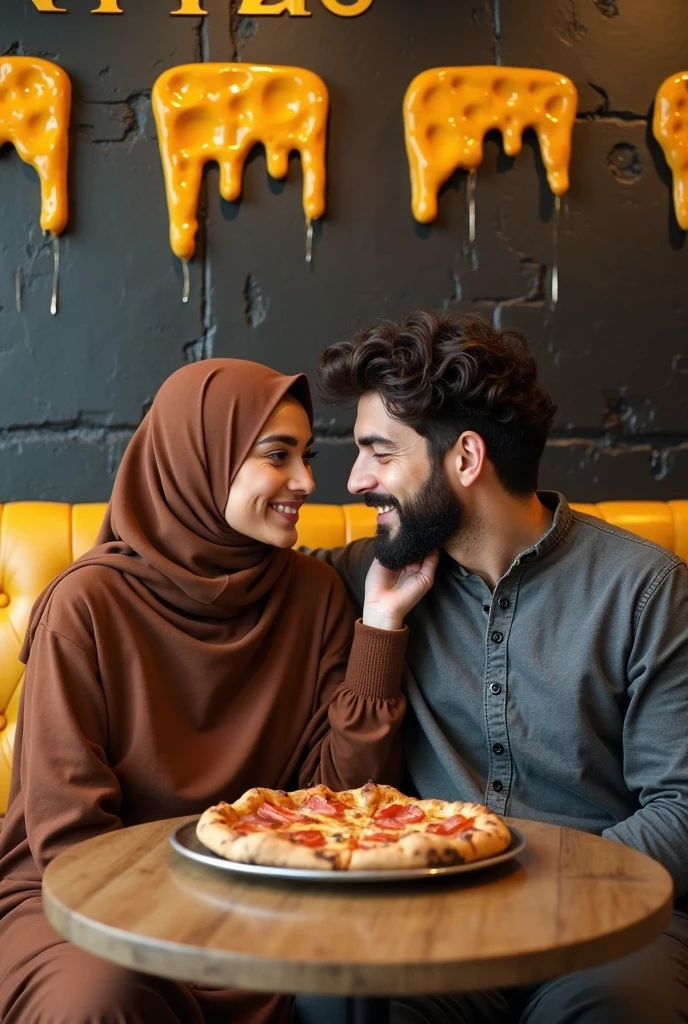 A Muslim handsome man and a beautiful woman are sitting on a chair at a dining table. On the dining table are various fruits and curry rice. They are talking.The beautiful wife of the Muslim man was angry with the Muslim man and gave an angry image