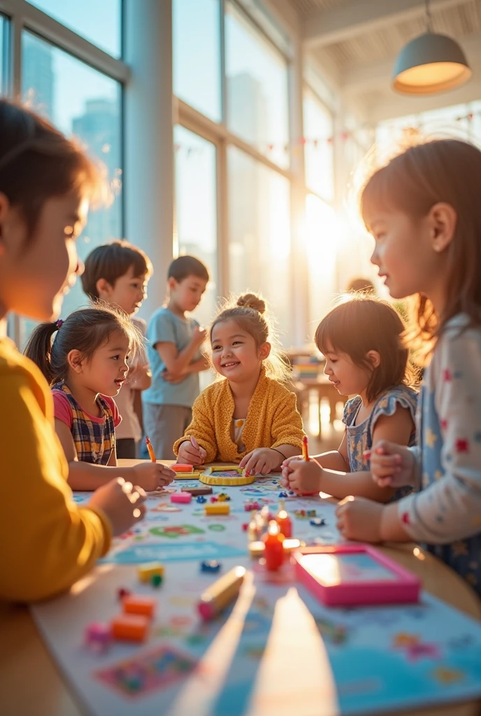 Children playing and learning together in a colorful classroom. some children playing and learning together in a colorful classroom.