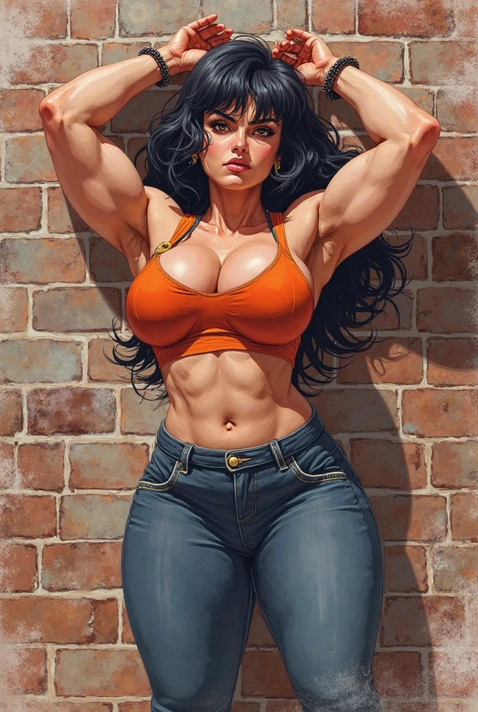 score_9, score_8_up, score_7_up, enthusiastic girl, wearing short croptop showing underboob and hotpants, round huge_breasts, modeling, abs physique,playfully (mischievous:1.4),