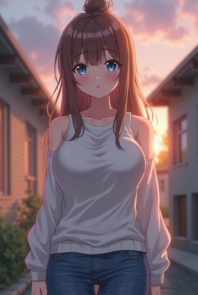 masterpiece, super detailed, best quality, beautiful girl, blouse, (sneezing:1.2), closed eyes, (torn clothes), city, (motion line)