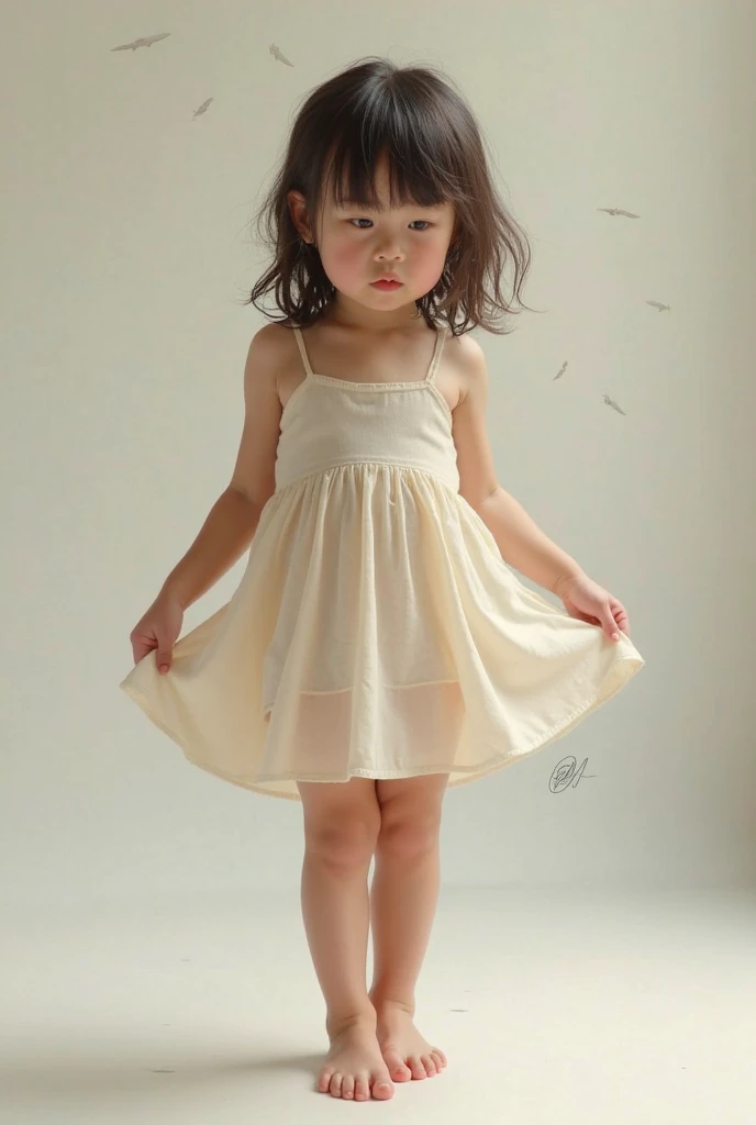 A girl who's age is 12 and he wearing very short(over leg)  dress realistic picture 
