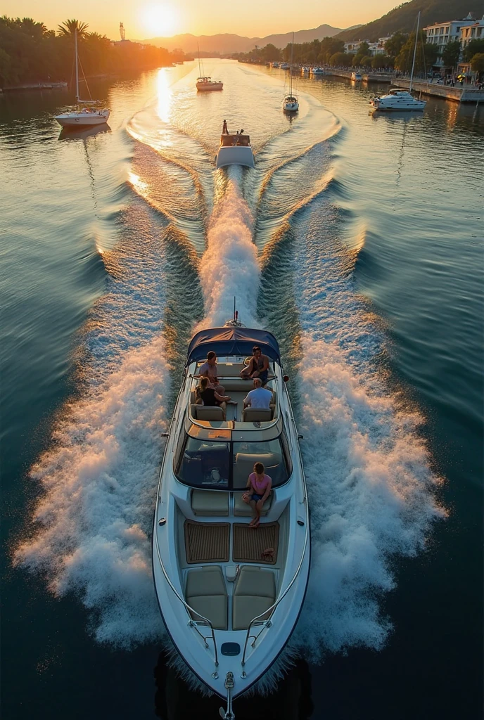 Albanian, girl, long brown hair, blue eyes, Two brunettes, one blonde, Smiling, Seating at the back of the Yatch, Luxurious Yatch, Ksamil, Beach,  beautiful brunettes, perfect bum, Calvin Klein clothes, , side by side, panoramic view, HDR, Canon 5D Mark4, with friend