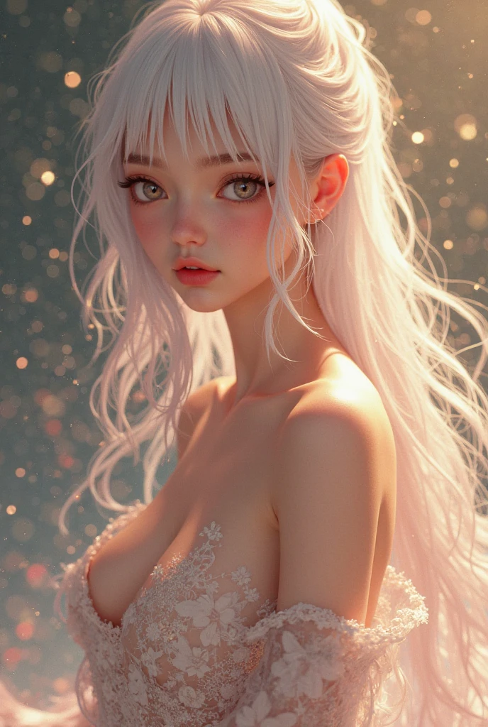 Platinum Blonde Fine Hair、(silver-white hair:1.5), (snow-white hair:1.1), (silver eyes:1.1), Super long silky straight hair, Bangs on the face and eyes, (Gray big eyes:1.1), Sheer White And Wet Nightgown Snow White Summer Dress, Nordic Youth, Perfect bodies, Very nice and cute, White muscles, Glowy skin, Youthful and beautiful skin, Perfect Beautiful Face Makeup, thin pink lips, Vivid expression、1 , advertisement, Misleading、{Smoke}、Viewer's vision, The perspective of a bokeh atmosphere, more detailed, cinema light, intricately-detailed, hight resolution, Detailed features of the face design, High Details, Clear Focus, smoothness, aesthetics, printed, octans, {{tmasterpiece}}.

