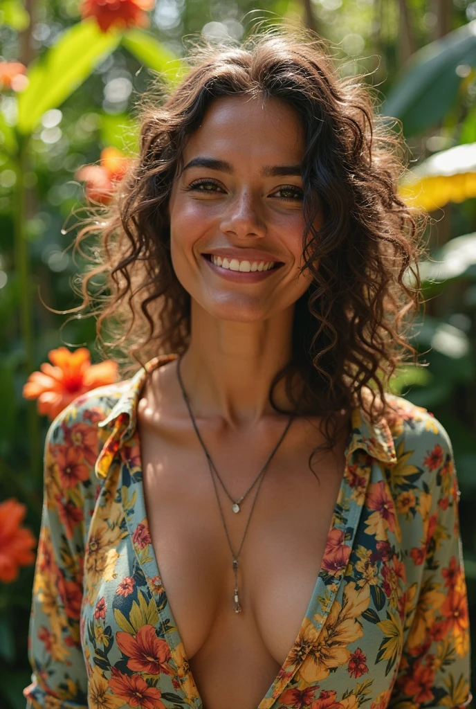A Brazilian woman in a lush tropical garden, wearing an open shirt with a floral print, with a close-up capturing the harmonious beauty between her breasts and the natural flowers, showing off your natural charm and outgoing personality.