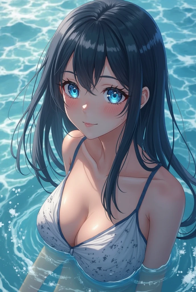 (masterpiece, best quality), portrait, upper body shot, 1 girl, perfect body, big breasts, female water spirit, water-colored hair, spring water inside, a few drops of water on the skin, clean lines, natural lighting, perfect illustration