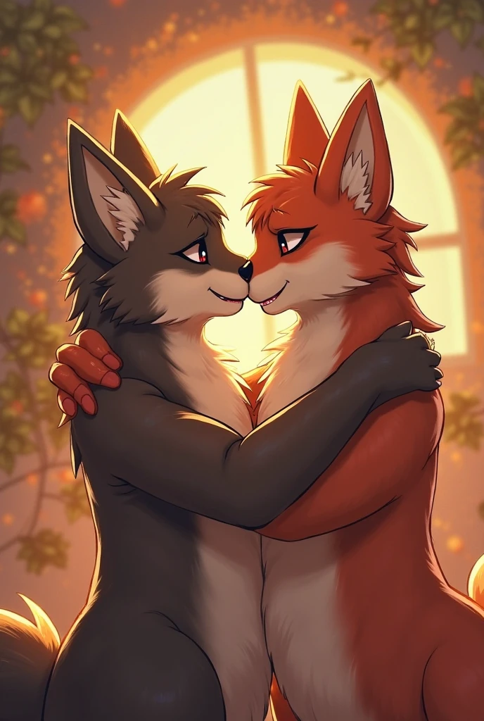 anthro, (husky) , male, ((red fur)), on bed, on knees, facing another, duo, blue eyes, with male black and white husky, canine , knot, kissing, , , black pupils, photorealism ,by zaush, by ruan jia, by jay naylor, by nuzzo, by disney, by pino daeni. (4k), HD, quality, looking , black pupils, photorealism , bedroom setting, night time, (4k), HD, quality