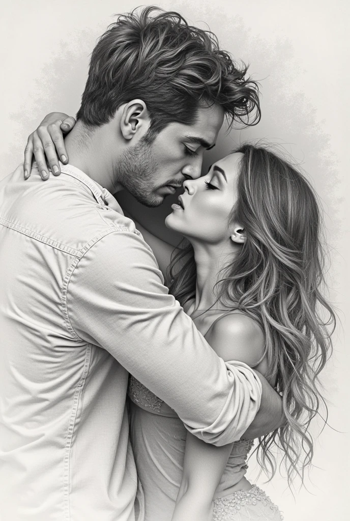 This is an incredible black and white picture, which conveys the entire emotional connection between a man and a woman. They are only 30 years old and they are beautiful. Woman with long wavy hair, almond-shaped eyes, raised eyebrows, narrow nose. You want to touch her lips, despite the fact that, that the upper lip is slightly thinner than the lower. On her refined neck on a thin chain hangs a pendant in the form of a small scorpion. She extends a thin, gentle hand to her man as if calling him to follow her into a world of tenderness and tranquility.  Her  evokes desire and passion. The man is a little taller than her, his appearance is closer to Slavic, his body is also , but he stands half sideways and from the side we see his toned  and strong, sculpted back. He holds a chain in his left hand, from which hangs a pendant with a symbol of the Scandinavian mythology "knot of the fallen" in the form of three triangles. 