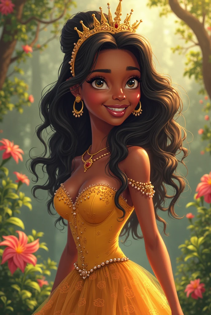 19 year old black woman, long black hair, wavy, eyes black, slightly plump lips, Bullish, slim, not so big breasts, with Disney Pixar style dress 