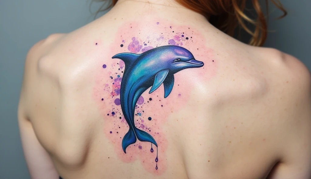 Girl, gorgeous, big breast, nipple, slim, amazing colored dolphin tattoo, back