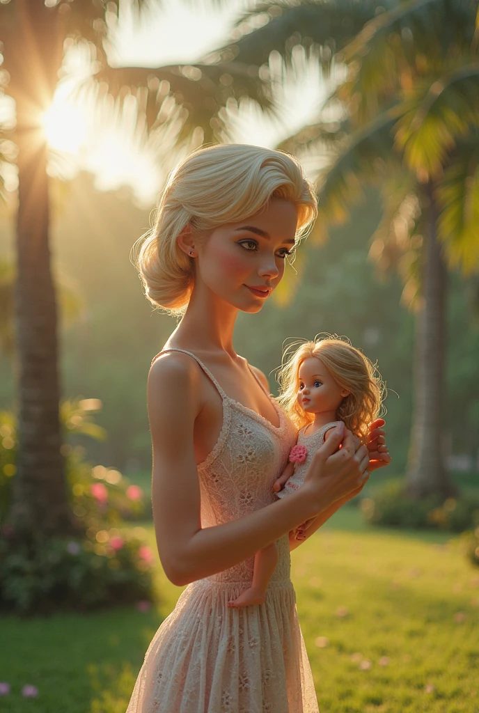 RAW photo, upper body shot, <lora:Barbie_Doll:0.8> Barbie, a doll with blonde hair, bright yellow flower print sundress, standing in a park , outdoors, sunny, <lora:epiCRealismHelper:1>
