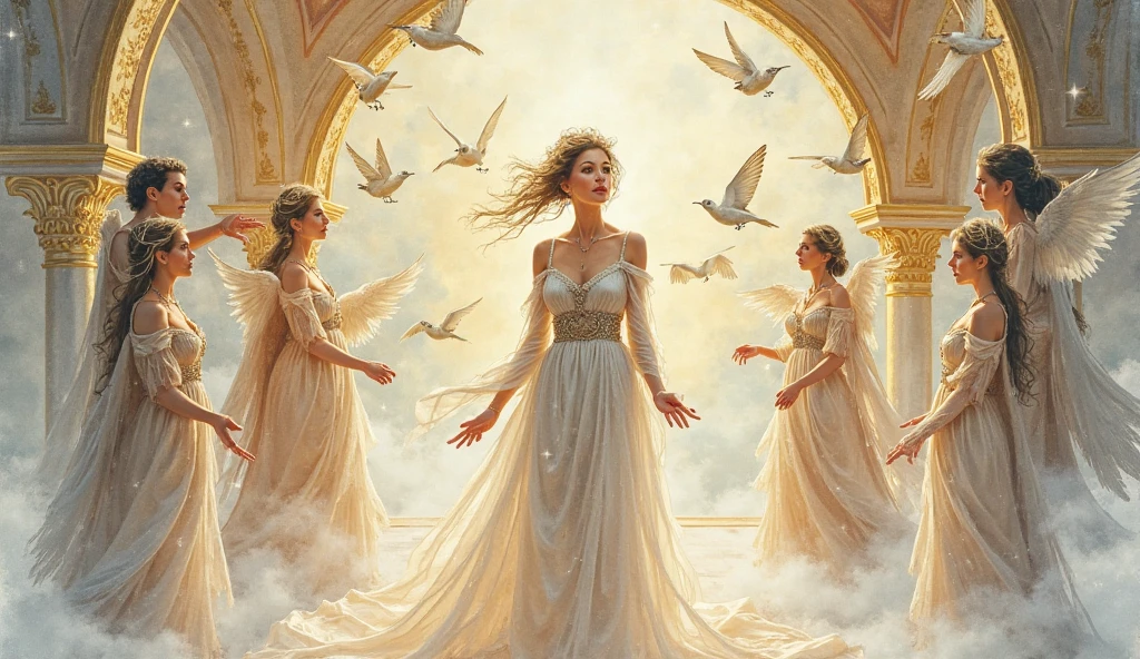 Goddess standing on a large shell, Angels blow out petals, Drawing doll, Puppet, Automatic dolls, Mannequin, Straw dolls, Big waves, Small waves, Colorful sky, 