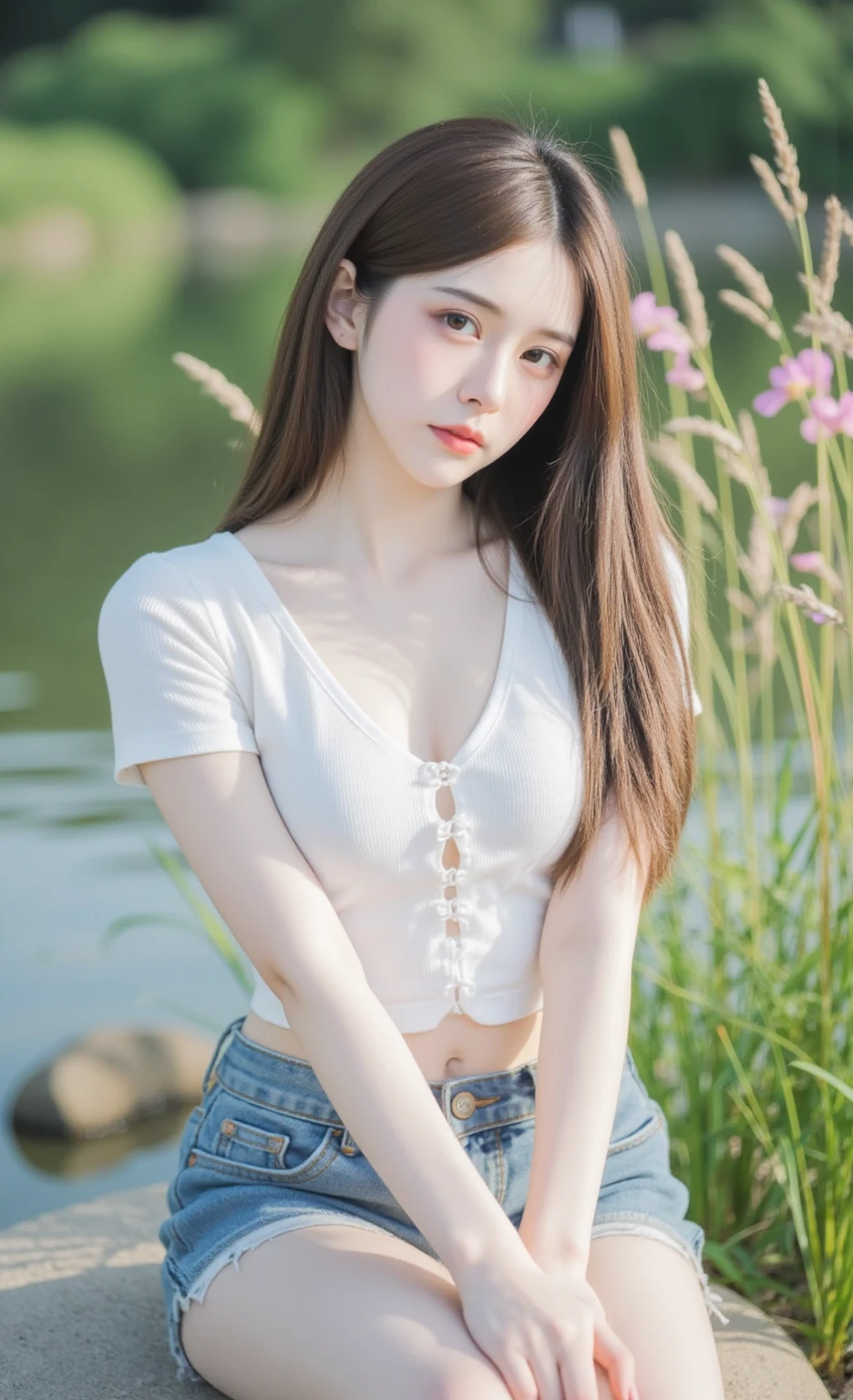 A woman doing solo camping in the middle of the night、Cute 20 year old、Short sleeve shirt with buttons、Shorts、Slim body、Long hair with bangs、in the forest、(The stars are out)、Sharp images、High color reproducibility、Attention to detail、live-action、Alluring、