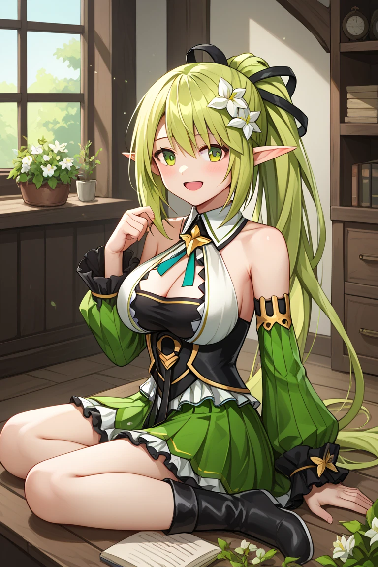 masterpiece, best quality, highres, rena2nd, long hair, green hair, hair ornament, large breasts, detached collar, cleavage, green dress, puffy sleeves, corset, white gloves, elbow gloves, white thighhighs, <lora:rena_v1:0.7>, standing, cowboy shot, town, outdoors, smile,