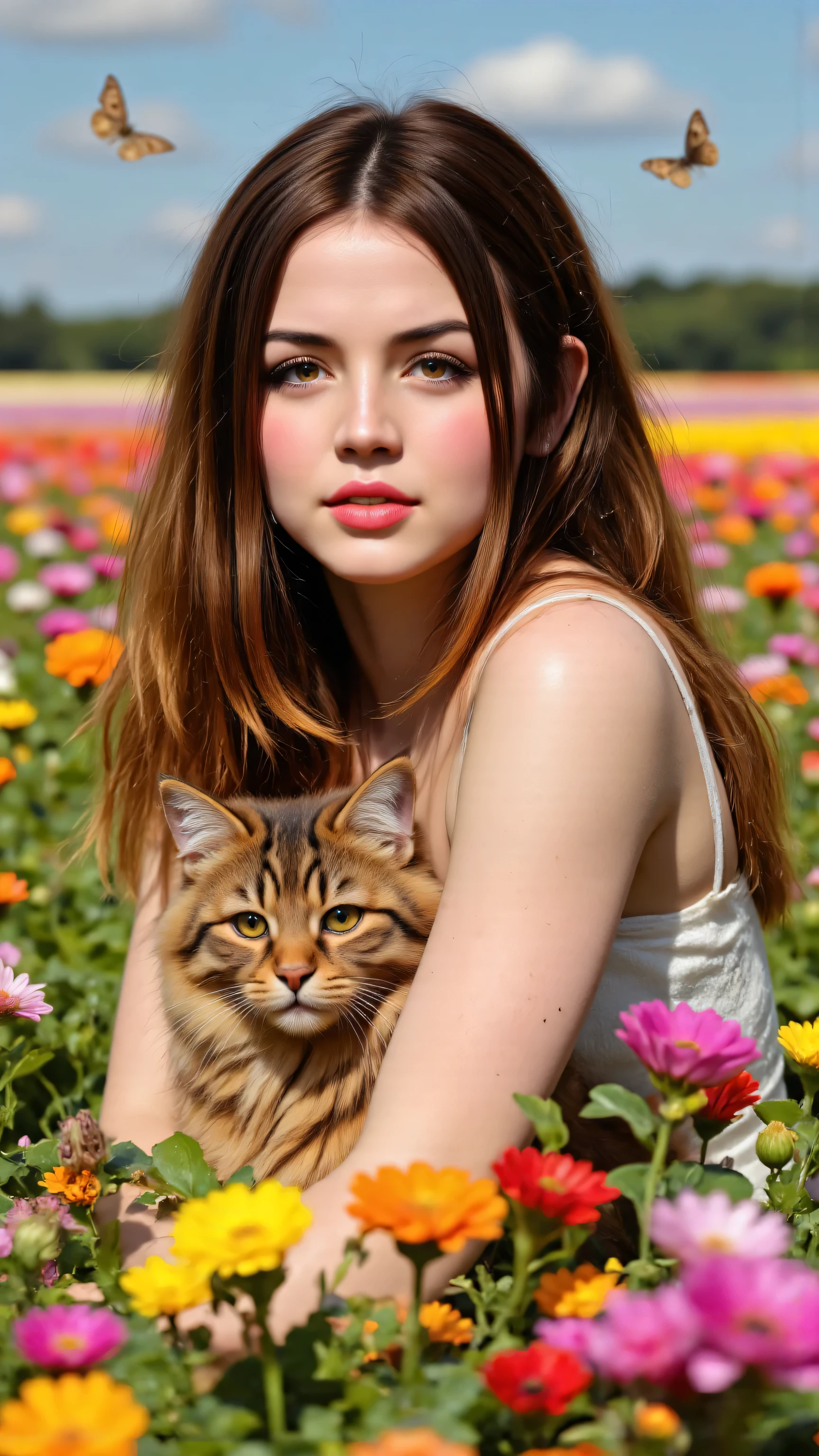  highdefinition images,8k、solo、 beautiful girl、Brown Cat、makeup、Cheek、lipstick、 red lips、 portraits、realistic、beautiful eyes、viewers next to him、Painting、butterfly、In a colorful flower field。