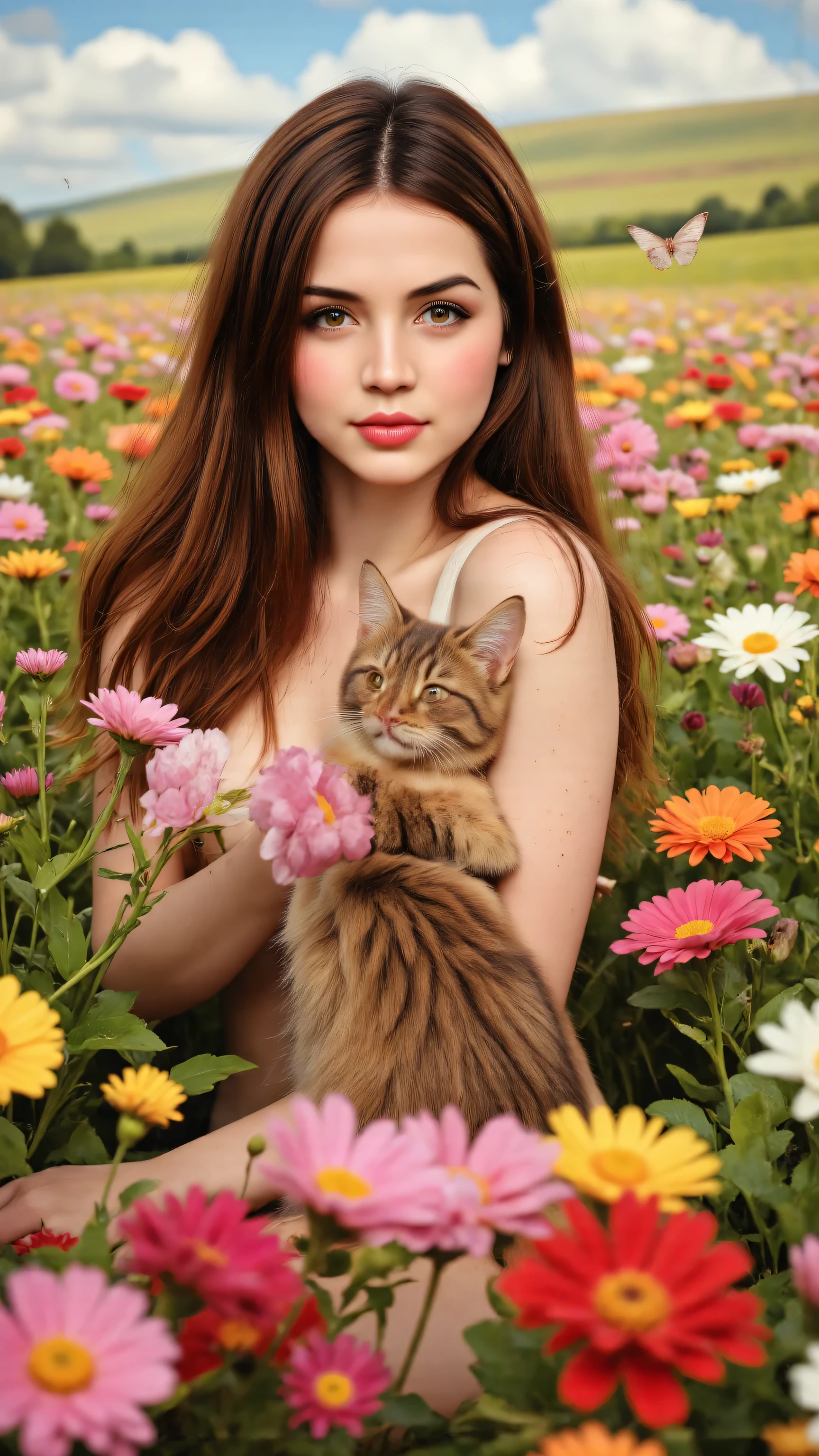  highdefinition images,8k、solo、 beautiful girl、Brown Cat、makeup、Cheek、lipstick、 red lips、 portraits、realistic、beautiful eyes、viewers next to him、Painting、butterfly、In a colorful flower field。