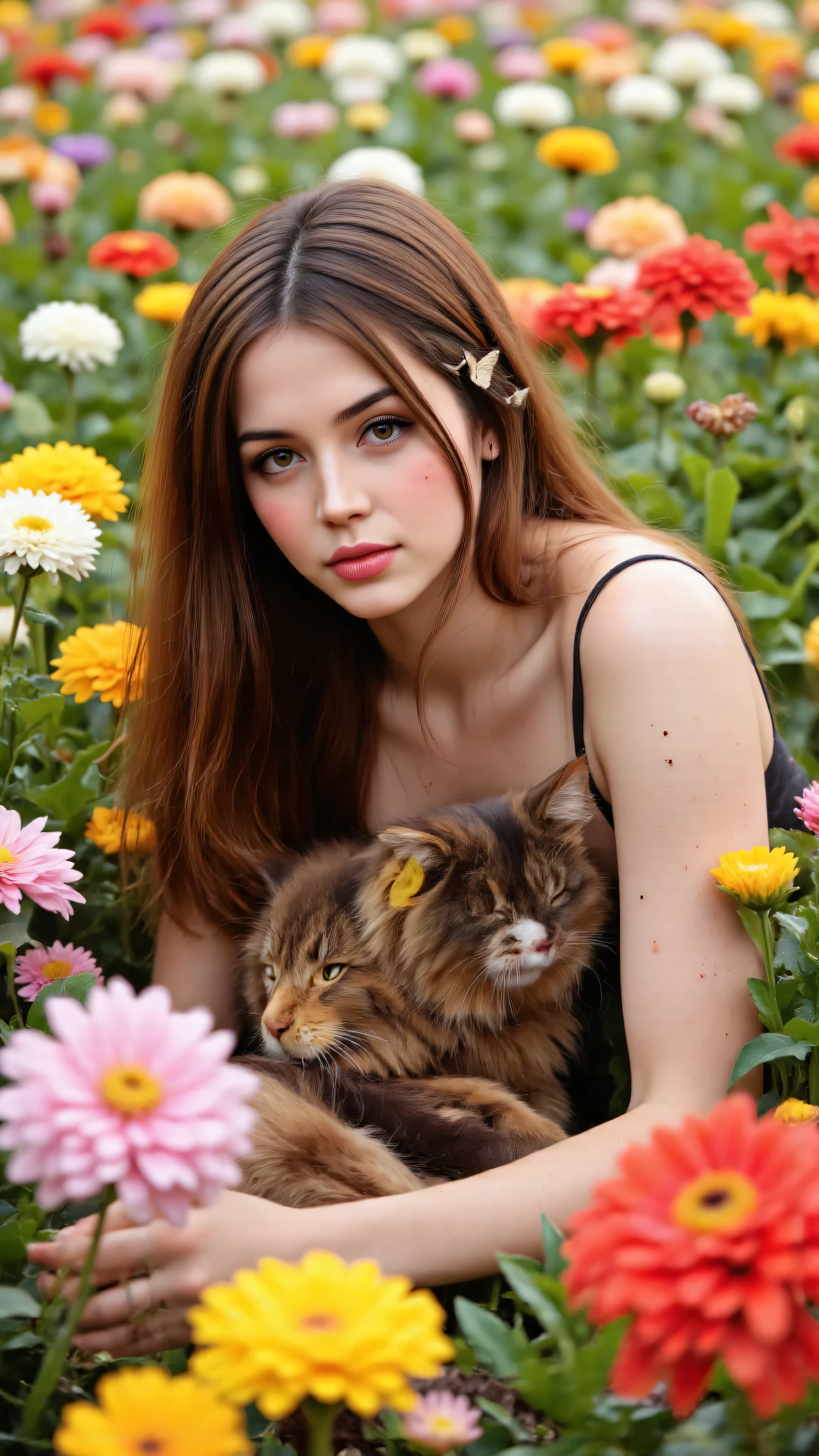  highdefinition images,8k、solo、 beautiful girl、Brown Cat、makeup、Cheek、lipstick、 red lips、 portraits、realistic、beautiful eyes、viewers next to him、Painting、butterfly、In a colorful flower field。