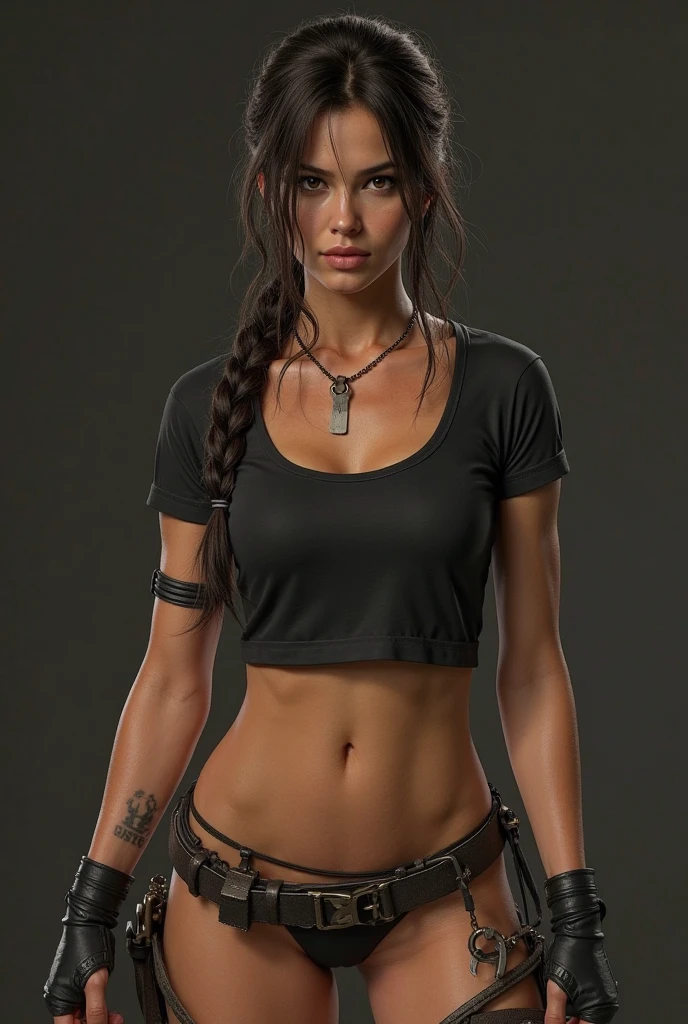 (Digital Art medieval style) athletic dirty muddy ripped in tethers Lara Croft black leather medieval style turtleneck leather top, nude belly, and short medieval style leather skirt, in a dense misty mysterious jungle ducking afraid near a large tree