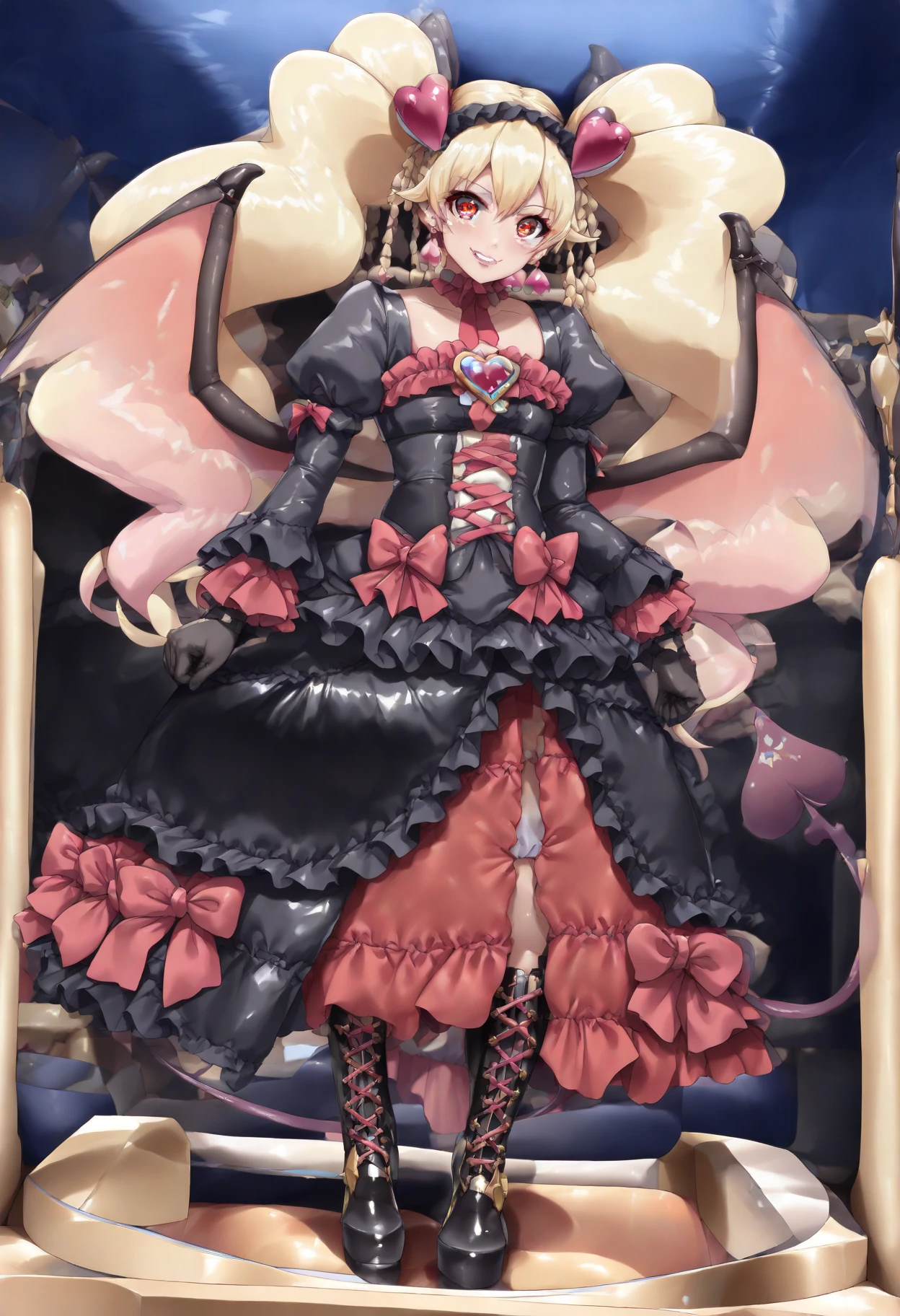 masterpiece, best quality, <lora:yhm:0.8>, (1girl, solo, white background, transparent background,,:1.3),  boots, vampire, vania, blonde hair, black pantyhose, vampy, long hair, red eyes, open mouth, head wings, skirt, pantyhose, pointy ears, detached sleeves, black legwear,long sleeves, eyebrows visible through hair,  bangs, hair ornament, cleavage, frills, sparkle,  <lora:vania:0.5:POVB>