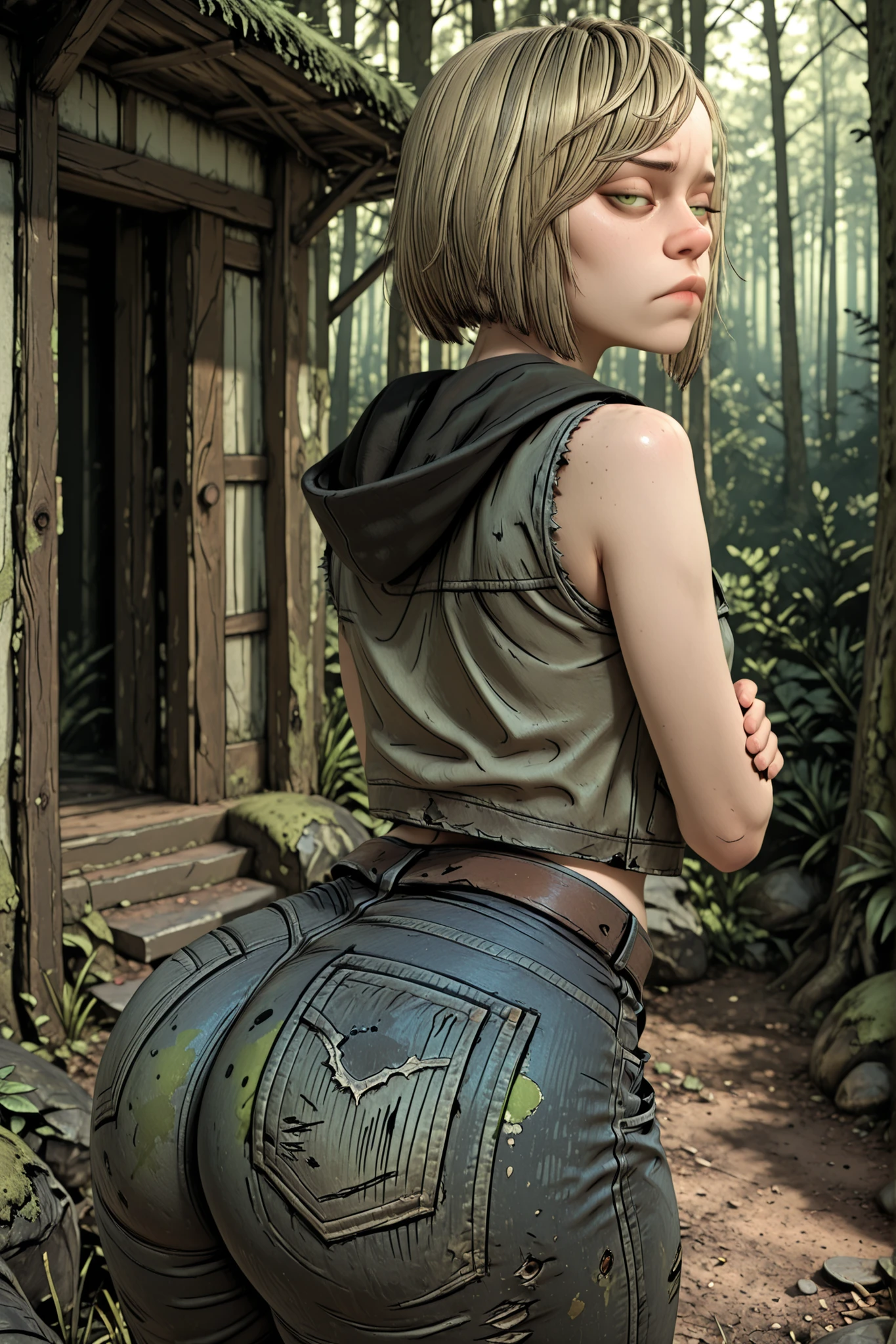 score_9, score_8_up, score_7_up), masterpiece,best quality,amazing quality,very aesthetic,absurdres,newest,detailed eyes, A professional,high-quality,hyper-realistic picture of a woman, 3Drealistic,masterpiece, outdoors, moss covered runned down house in the background, forest, dutch angle
TWDVelvet, 1girl, young, short hair, blonde hair, green eyes, thick thighs, wide hips,fembodtweak, from above. from the side, side view, looking at viewer, suspicious extression, wary expresion, squinting eyes, furrowed brows, slightly hunched back, shoulders forward, arms crossed, wide stance, round ass, huge thick thighs, loose jeans, cowboy shot