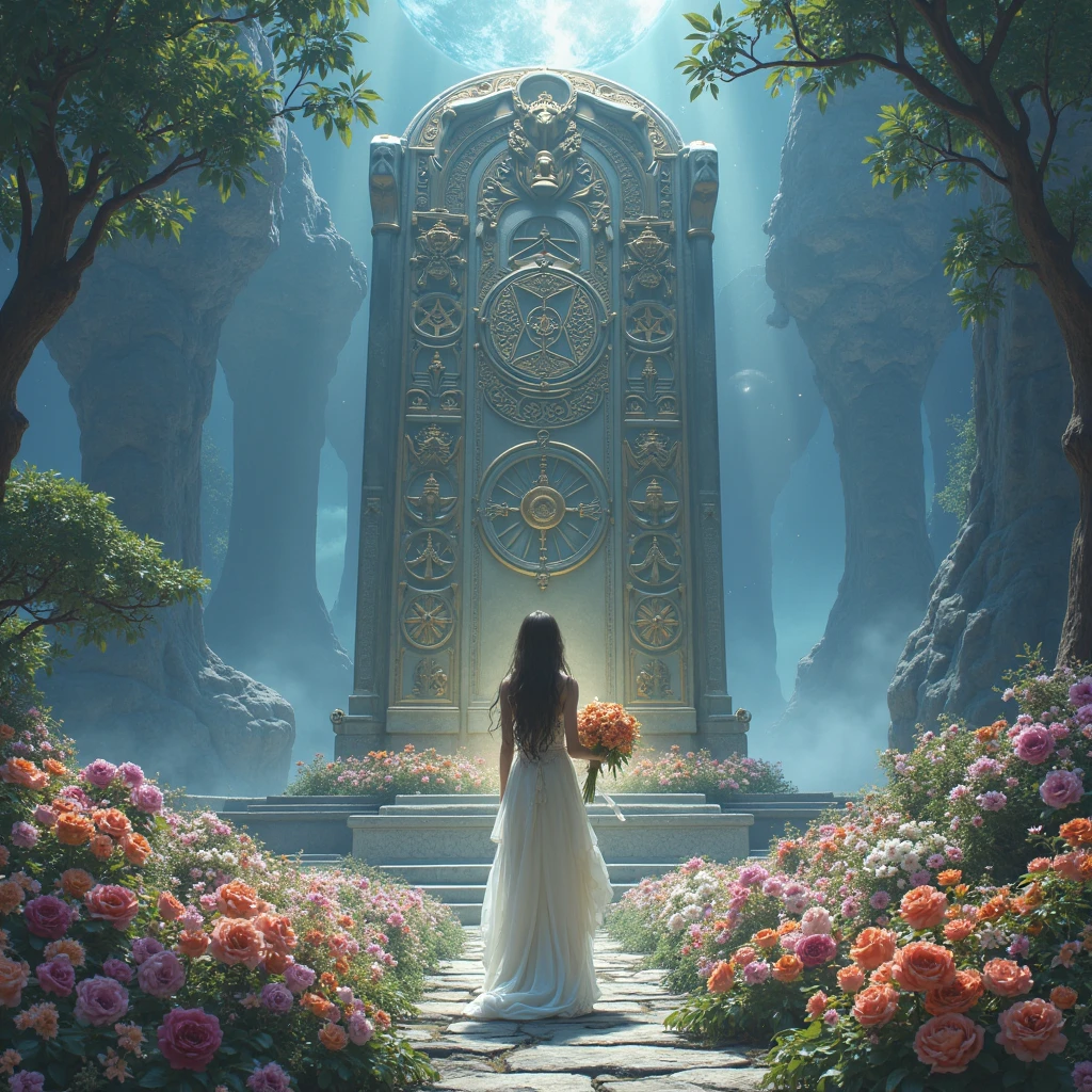 God々A huge grave marker、surrounded by many flowers、A beautiful woman is ...
