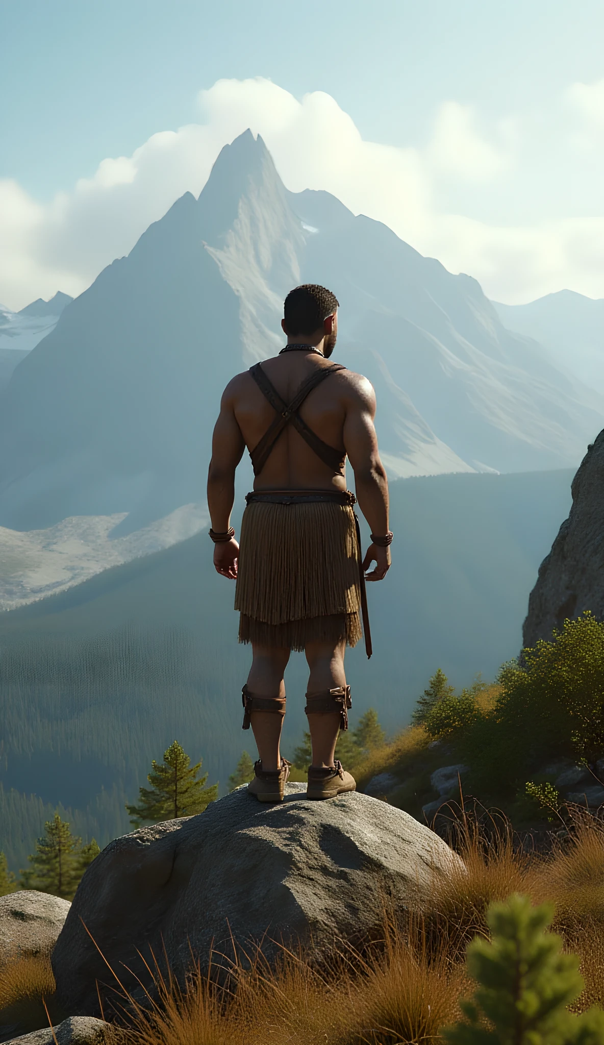 Safe Image Work,
(Realistic ultra intricately natural landscape),during primitive era,the primitive tribe human,the male tribe warrior, he is wearing simple primitive leather armor, summer season on the scenery,,(perfectly shapelfull body|cinematic dynamically camera angle scenery:accurately depicted:1.3),the male on top of rock mountain, looking at the horizon, realistically full depth,(cinematography dynamic angle|hyperrealistic:realistic scenery:3d texture over the scenery),the softlight midday scenery,primordial,(cinematography vibe),(dynamic image composition),(octane 3d rendering|50mm lens shot:1.3),(ultra realistic texture),(best photography composition),(best image aperture),(full details depth of field),(best shutter speed),(RAW photo image),(photorealistic|photorealism:hyperrealism style),(realistic depth 3d:cgi:1.3),(trending on cgsociety:devianart:unreal engine 5),(best photography:national Geographic style),stonepunk artwork, digital art,best lighting concept,realistic fixed human anatomy body and hands anatomy, inspired by farcry5 game artwork.