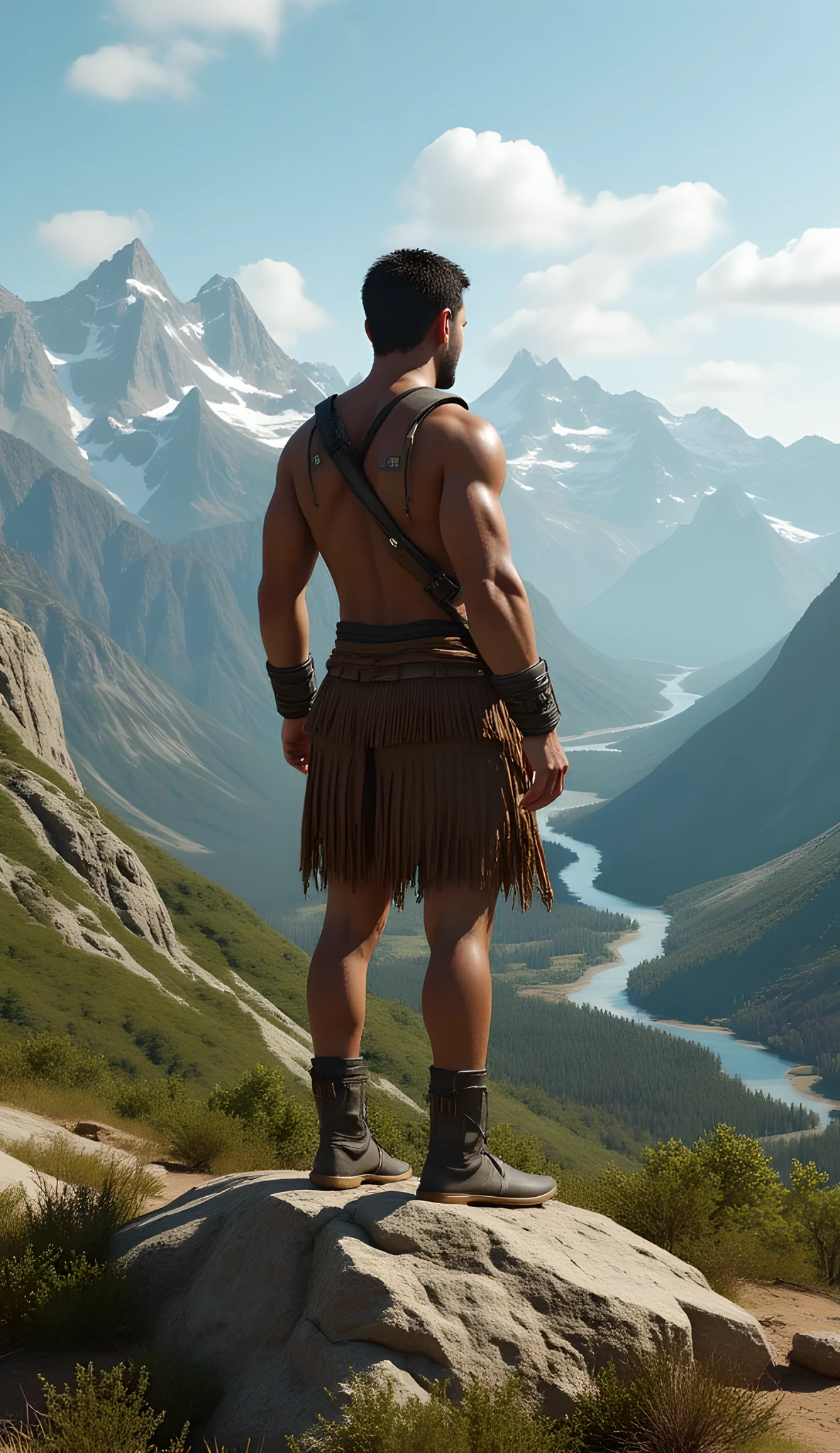 Safe Image Work,
(Realistic ultra intricately natural landscape),during primitive era,the primitive tribe human,the male tribe warrior, he is wearing simple primitive leather armor, summer season on the scenery,,(perfectly shapelfull body|cinematic dynamically camera angle scenery:accurately depicted:1.3),the male on top of rock mountain, looking at the horizon, realistically full depth,(cinematography dynamic angle|hyperrealistic:realistic scenery:3d texture over the scenery),the softlight midday scenery,primordial,(cinematography vibe),(dynamic image composition),(octane 3d rendering|50mm lens shot:1.3),(ultra realistic texture),(best photography composition),(best image aperture),(full details depth of field),(best shutter speed),(RAW photo image),(photorealistic|photorealism:hyperrealism style),(realistic depth 3d:cgi:1.3),(trending on cgsociety:devianart:unreal engine 5),(best photography:national Geographic style),stonepunk artwork, digital art,best lighting concept,realistic fixed human anatomy body and hands anatomy, inspired by farcry5 game artwork.