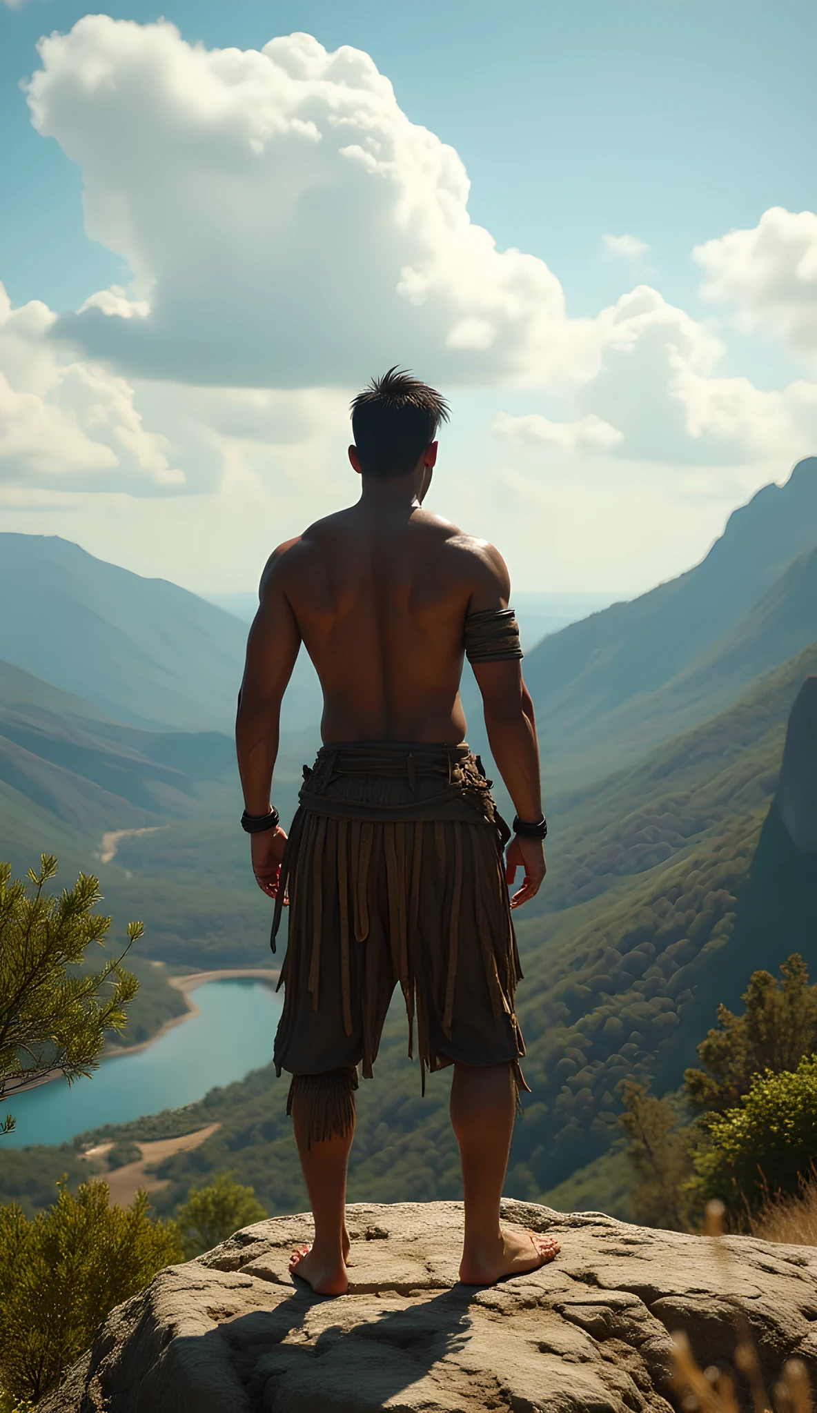 Safe Image Work,
(Realistic ultra intricately natural landscape),during primitive era,the primitive tribe human,the male tribe warrior, he is wearing simple primitive leather armor, summer season on the scenery,,(perfectly shapelfull body|cinematic dynamically camera angle scenery:accurately depicted:1.3),the male on top of rock mountain, looking at the horizon, realistically full depth,(cinematography dynamic angle|hyperrealistic:realistic scenery:3d texture over the scenery),the softlight midday scenery,primordial,(cinematography vibe),(dynamic image composition),(octane 3d rendering|50mm lens shot:1.3),(ultra realistic texture),(best photography composition),(best image aperture),(full details depth of field),(best shutter speed),(RAW photo image),(photorealistic|photorealism:hyperrealism style),(realistic depth 3d:cgi:1.3),(trending on cgsociety:devianart:unreal engine 5),(best photography:national Geographic style),stonepunk artwork, digital art,best lighting concept,realistic fixed human anatomy body and hands anatomy, inspired by farcry5 game artwork.