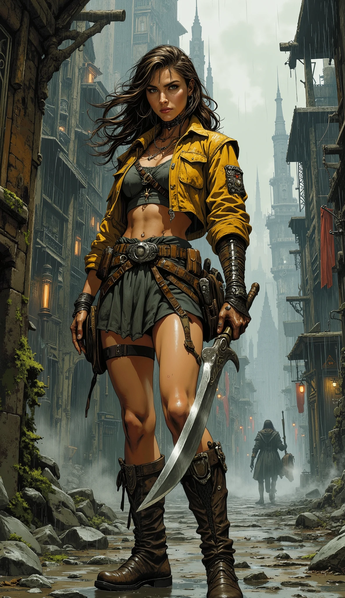 Masterpiece, best quality, hyper-detailed, 8k resolution, award-winning character concept art. A dynamic, full-body portrait of a formidable female bounty hunter, tall, with a powerful athletic build. She has long, wind-swept brunette hair and an exquisitely detailed face with piercing eyes and a focused, determined expression.
She stands impatiently on the rain-slicked cobblestone streets of a sprawling, gritty fantasy metropolis built within a dense, ancient wilderness. The architecture is a blend of rough-hewn stone and dark wood, overgrown with moss, set against a backdrop of towering, mist-shrouded trees.
Her fantasy-realism outfit is highly detailed: a weathered, short yellow leather jacket with rolled-up sleeves over a dark crop top, a utilitarian short skirt with a complex belt system holding pouches and a finely crafted dagger sheathed on her thigh. She wears tight, carved wooden bracers and rugged, travel-worn cloth boots. A of dark cloth is tied securely around her right bicep.
In her right hand, she wields a large, long, elegantly curved machete, its edge gleaming under the dramatic lighting.
The art style is a sophisticated fusion of gritty realism and epic high fantasy illustration, reminiscent of a cinematic fantasy film. The lighting is dynamic and moody, with strong chiaroscuro effects and volumetric light rays breaking through the overcast sky. The image features flawless , perfectly rendered hands with five fingers each, and photorealistic textures.