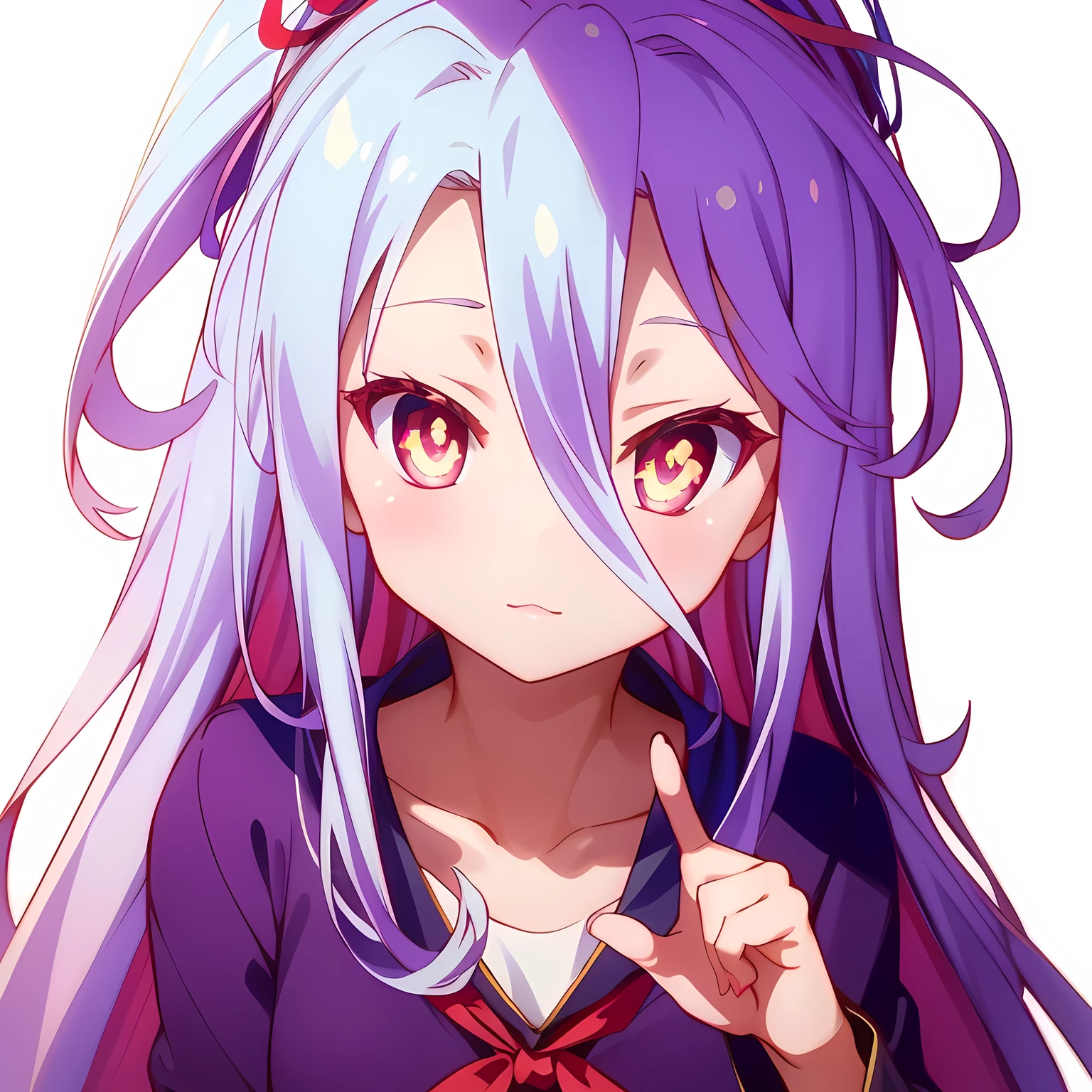 1girl,long hair,very long hair,hair between eyes,red eyes,bright pupils,multicolored eyes,multicolored hair,看向观众, 高分辨率, 准确, 高细节, 最佳质量, 特写镜头, 手放在嘴前，眼睛发光，明亮的瞳孔, (V Sign),王冠,歪头