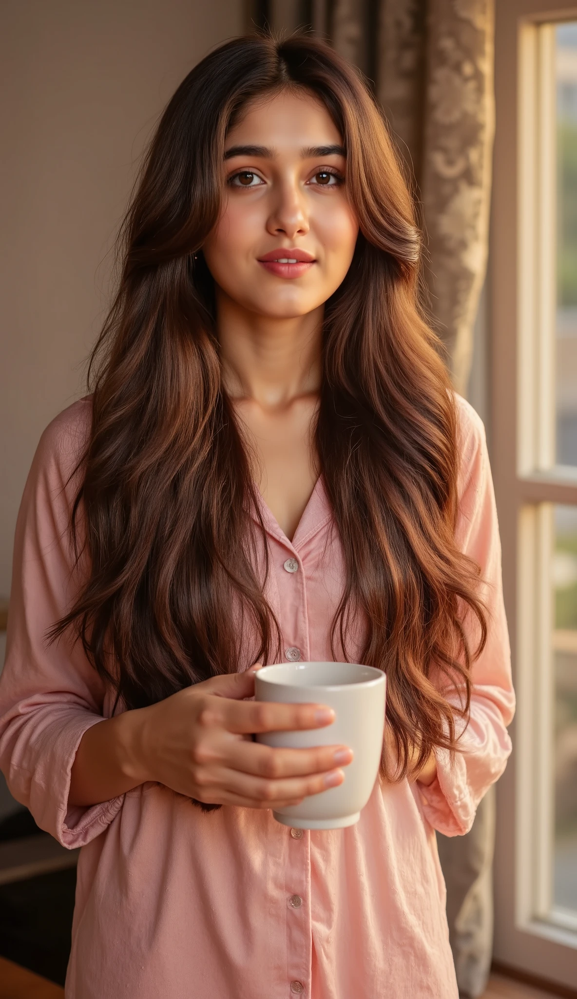"Create a realistic full-body photo of an 18-year-old Pakistani-Russian girl in a soft pastel satin pajama set, holding a coffee mug, standing by a sunlit bedroom window. Natural makeup, long flowing chestnut hair, gentle smile, cozy relaxed vibe, warm morning sunlight, DSLR quality, 9:16."