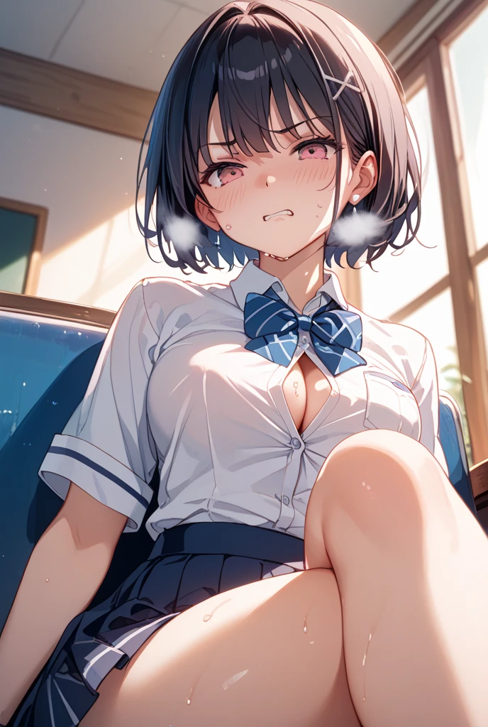 A middle-aged man is making a girl with erect nipples, black short bob hair, small breasts and light pubic hair, who is crying and unwilling on a train, with no underwear and a blue checked skirt, spread her legs and insert her fingers into her vagina.