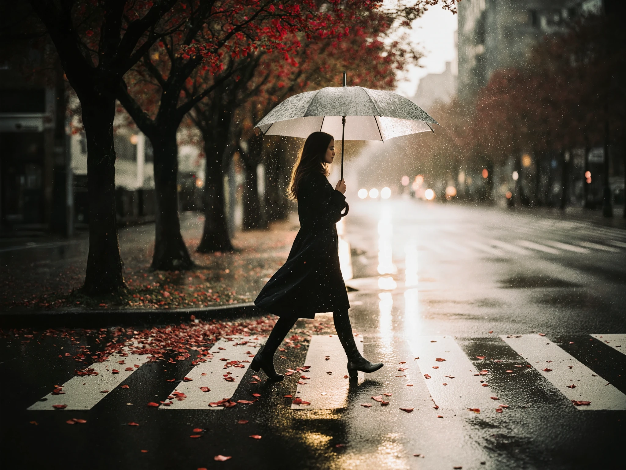 Analog-style ultra-realistic photo of a beautiful woman crossing the street on a pedestrian crosswalk, holding a classic umbrella under steady rain. Captured in the warm, nostalgic tones of Kodak Portra film, with fine natural film grain and soft, cinematic contrast. The close-up perspective highlights her damp hair, subtle skin texture, and raindrops sliding across the umbrella. Chiaroscuro lighting emphasizes glowing reflections on the wet asphalt while shadows stretch deep across the street. Thick tree trunks surround the scene, adorned with vivid, intense red blossoms. Fallen petals scatter across the wet ground, blending into puddles that shimmer with light. The image feels timeless and poetic, with the tactile imperfection of analog film: subtle color shifts, organic grain, and authentic photographic depth.