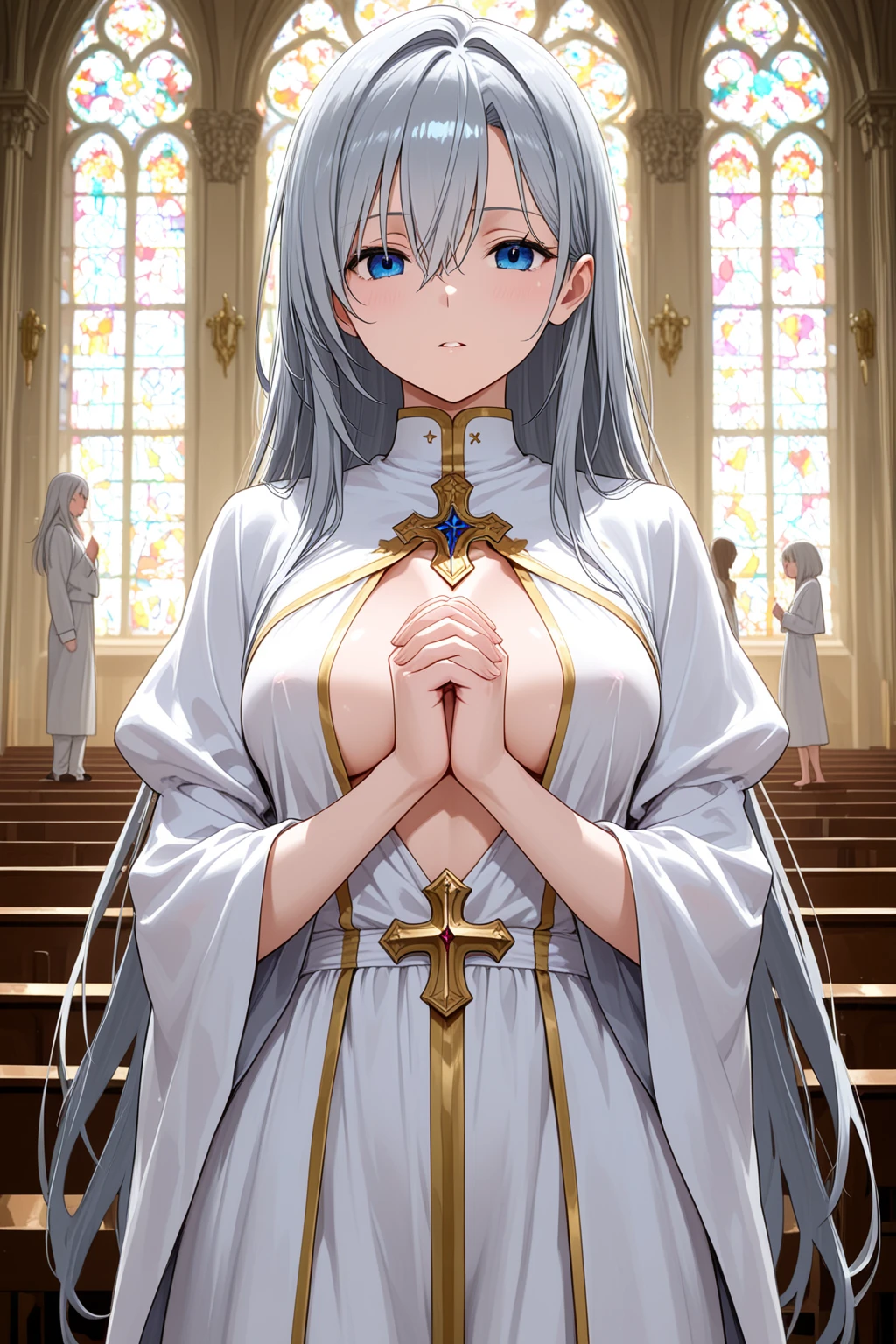 1girl, adult, mature face, long white hair, gold eyes, innocent, shy, priestess, medieval fantasy, small breasts, NSFW, exposed breasts