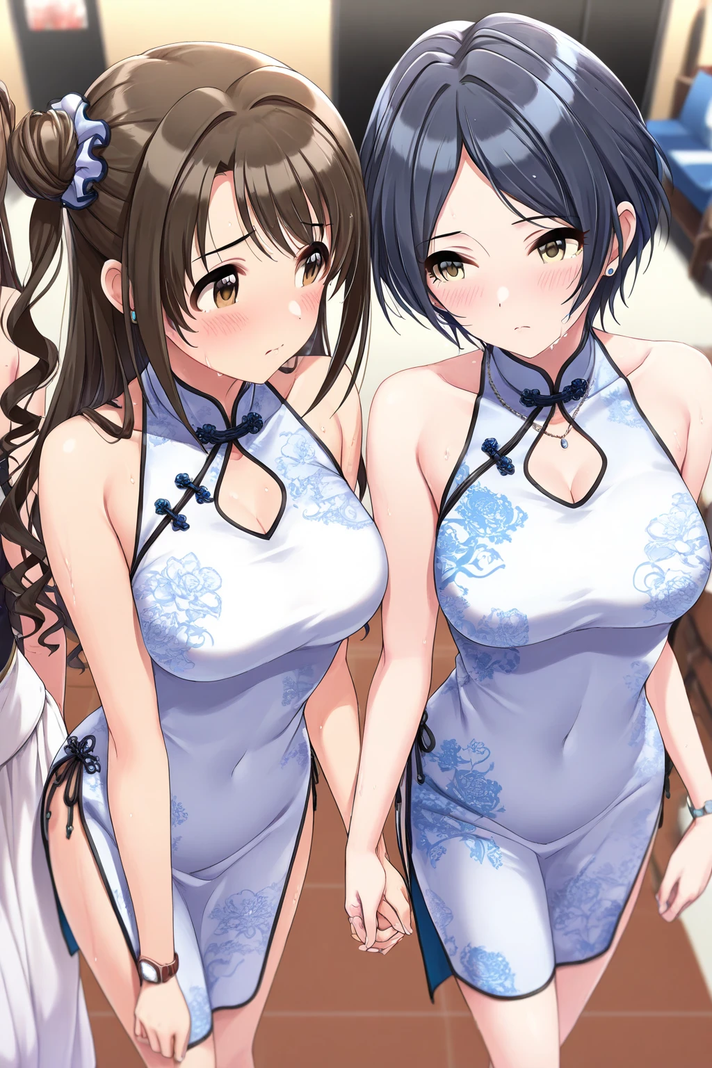 ((Masterpiece)),(((of the highest quality))),((character design sheet)),thin thighs,long legs,((Women, alone, wide)),innocent look, bare arms, Expose your shoulders, Golden transparent dress , smiling, big tits