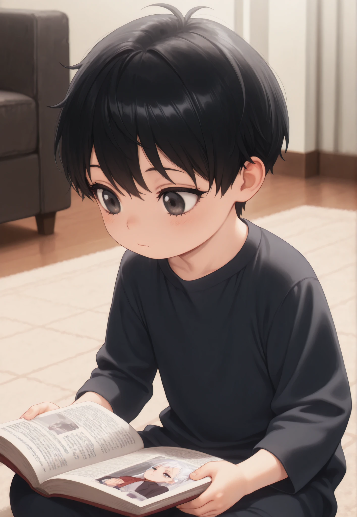 masterpiece, best quality, newest, safe, good anatomy, good resolution, Good Lighting. beautiful, anime, , adorable. child, Short Black Hair. black. black eyelashes, piel clara. He is 7 years old. Age. Alone, LOOKING AT THE SPECTATOR, bottom: living room, reading a book. wearing clothes: casual wear.