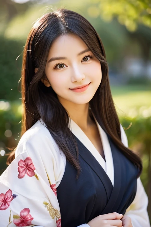 ((finely best quality、8K、a masterpiece of:1.3))、foco nítido:1.2、(ultra beautiful faces:1.0)、(Slender Abs Beauty:1.0)、(shinny skin:1.0)、photograph realistic、A dark-haired、Realistic pupils、Video Lighting、High-definition eyes and face、Video Lighting、(cowboy  shot:1.3)、(Kimono、Hakama、Obi:1.4)、(Korean Cute Actress)、Traditional kimono、from the front side、medium large breasts、A slight smile
