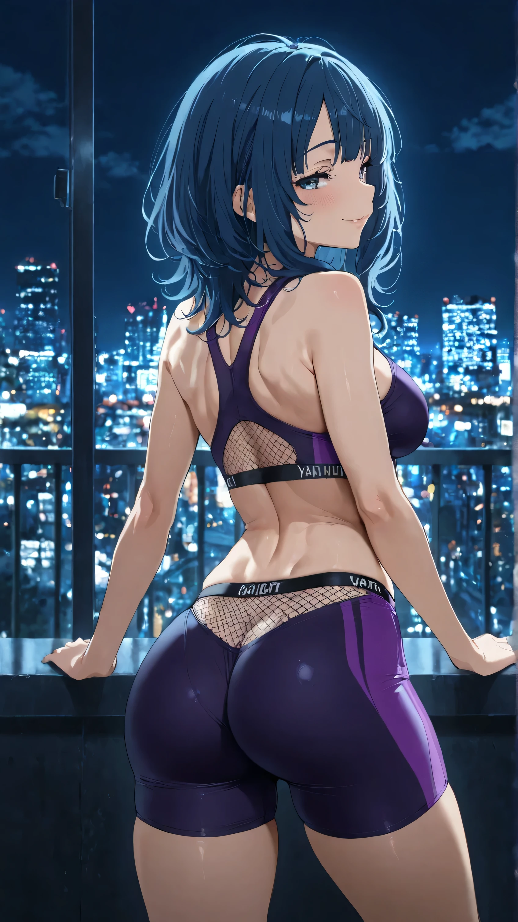 1girl, yanamianna, medium hair, bangs, blue eyes, blue hair, looking at viewer, city at night, dark purple yoga shorts, fishnet panties, seductive smile, masterpiece, from behind, medium breasts, bareback, back dimples, big butt, round butt, long hips, thin hips, long hipbones, muscular legs, legs apart, from the side, hips tilted, 8k, best quality, amazing quality, detailed background, intricate details