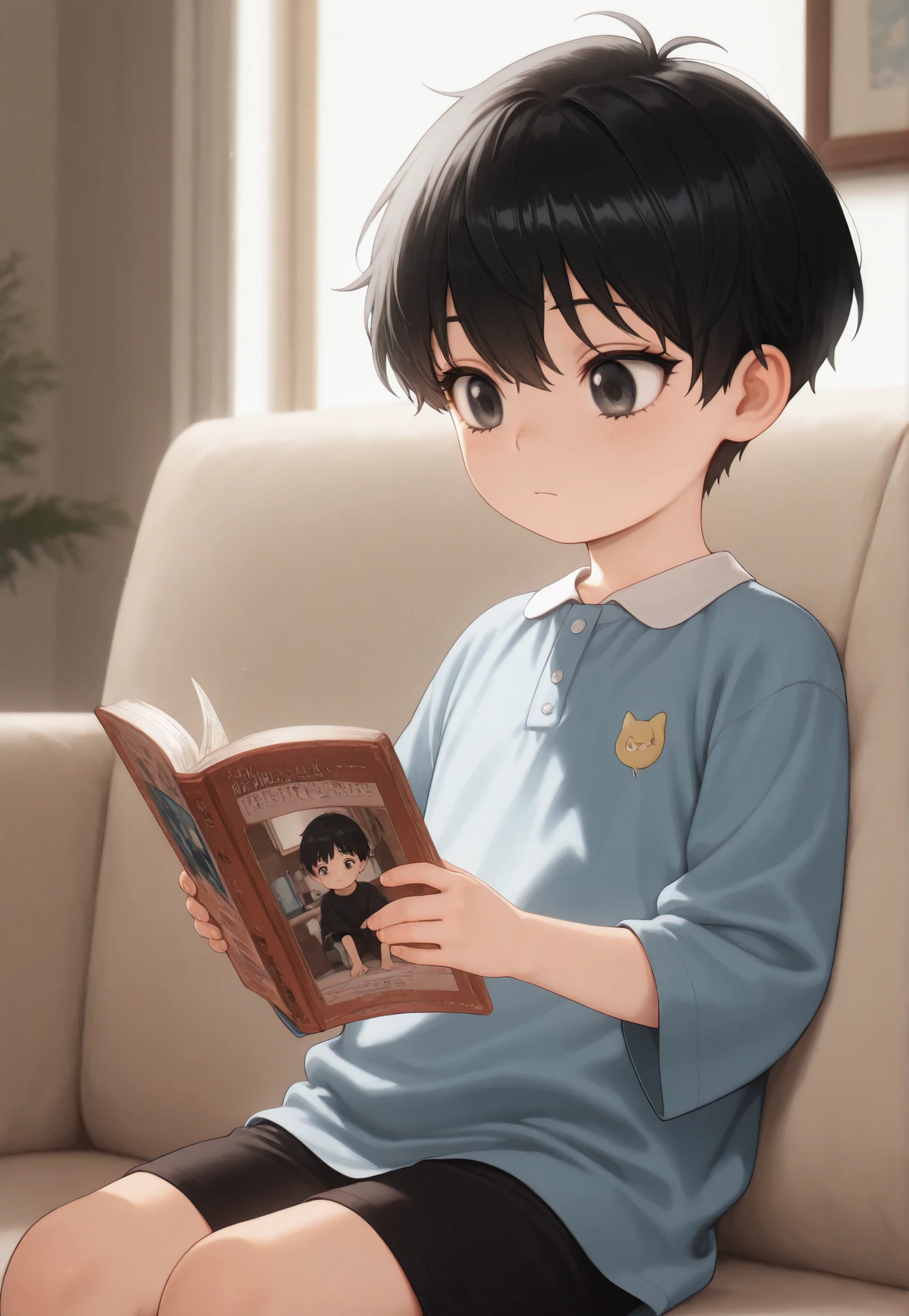 masterpiece, best quality, newest, safe, good anatomy, good resolution, Good Lighting. beautiful, anime, , adorable. child, Short Black Hair. black. black eyelashes, piel clara. He is 7 years old. Age. Alone, LOOKING AT THE SPECTATOR, bottom: living room, reading a book. wearing clothes: casual wear.