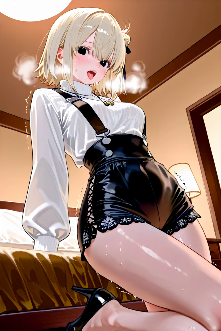 nsfw,(Crossdresser),((A penis grows between the legs)),blonde low twintails,lips,Sweat,White Breath,(Anal Sex),Viewers from the front,bed,Spread your legs