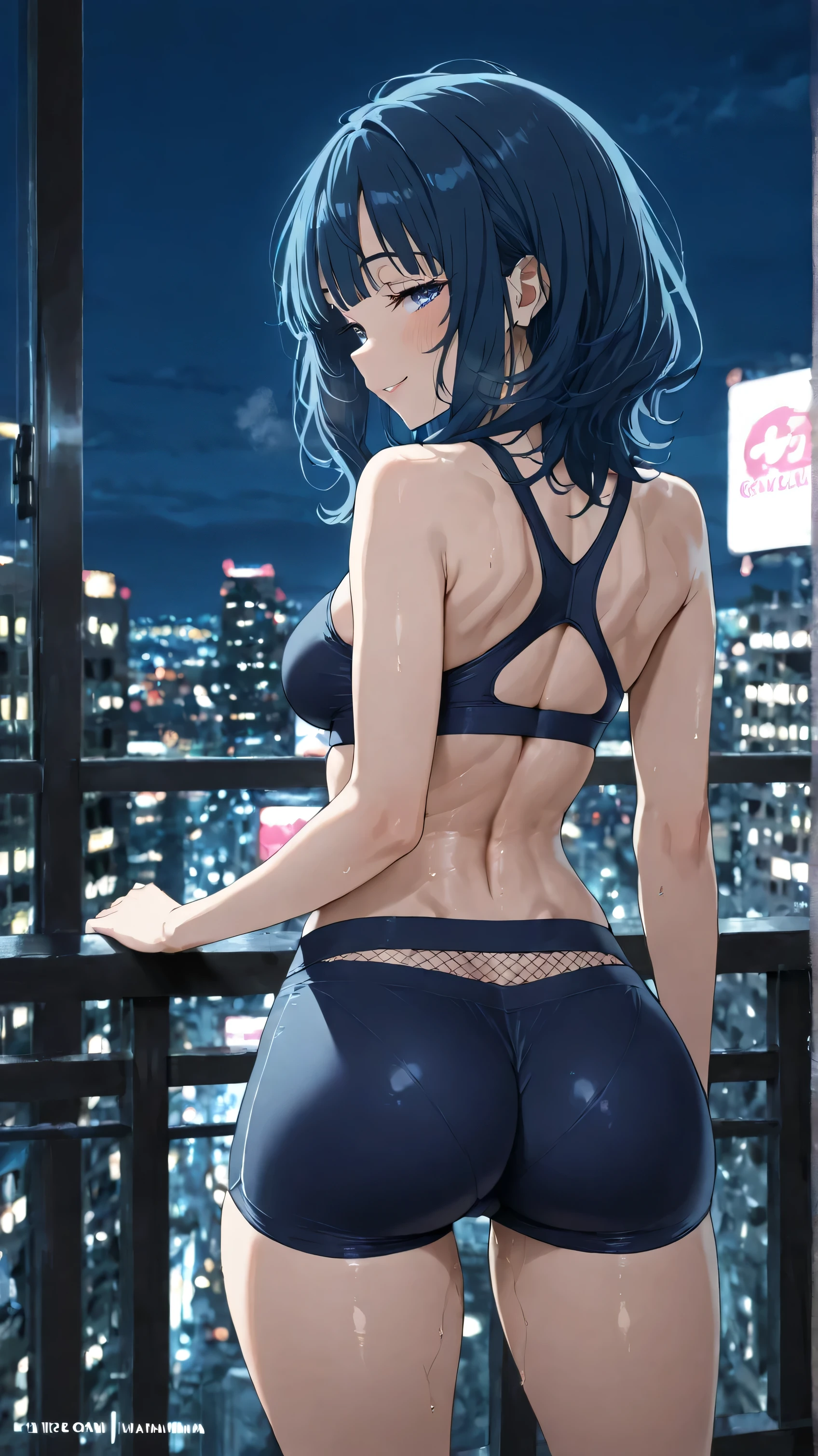1girl, yanamianna, medium hair, bangs, blue eyes, blue hair, looking at viewer, city at night, dark blue yoga shorts, fishnet panties, seductive smile, masterpiece, from behind, medium breasts, bareback, back dimples, big butt, round butt, long hips, thin hips, long hipbones, muscular legs, legs apart, from the side, hips tilted, 8k, best quality, amazing quality, detailed background, intricate details