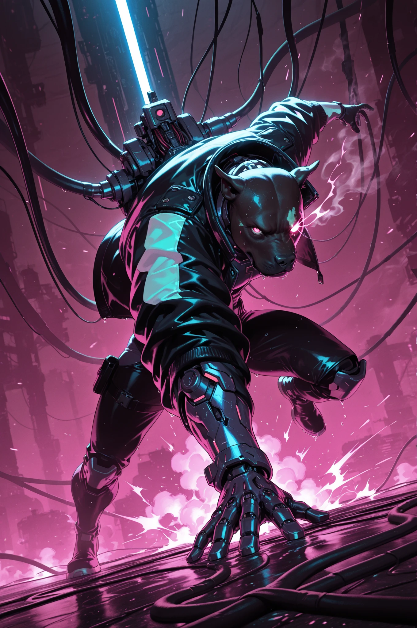 arm0rpunkv4, medium closeup, dynamic pose, dynamic angle, dramatic lighting, ((anthro)) ((pitbull)) woman in a biker jacket sitting on a massive throne made of machinery and cables. Set against a vast factory making war droids. broken androids litter the foreground and fill the background. Smoke and sparks fill the room. cyberpunk style, gritty, cybernetics, cyborg, wet, (one) glowing eye,